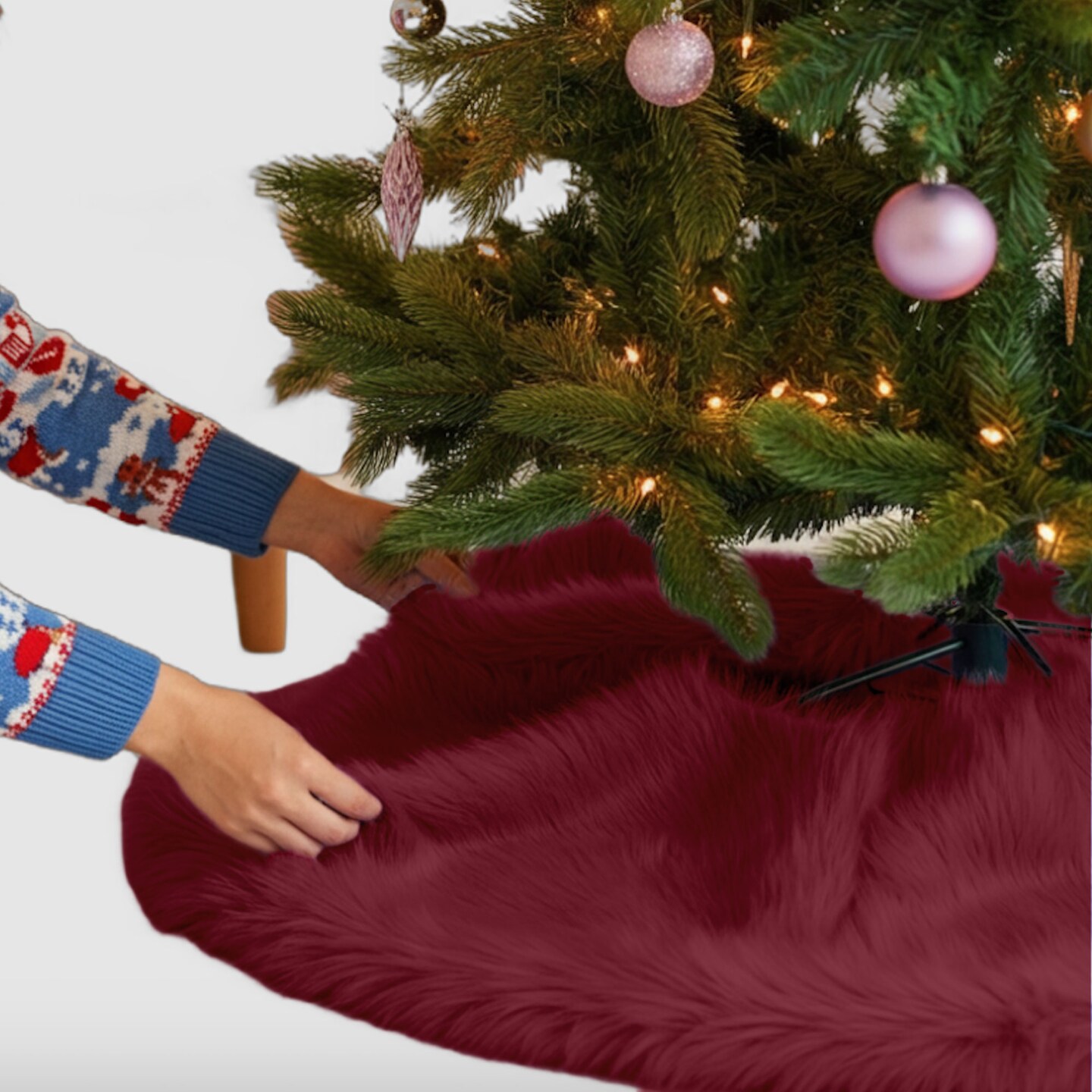 FabricLA Burgundy Faux Fur Tree Skirt Cut - 30-Inches with Rounded Edges (No Backing) for Christmas