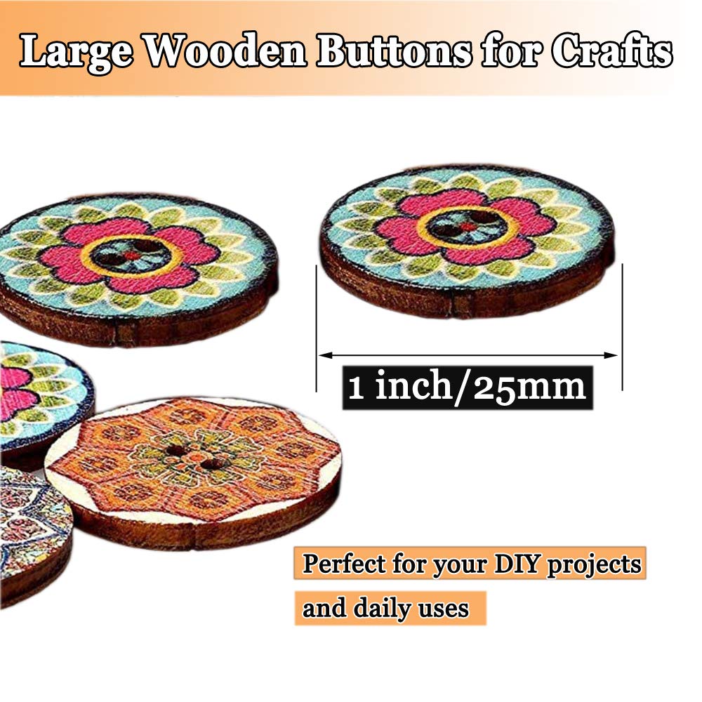 Buttons for sewing, 100pcs 1 inch buttons large wood buttons for crafts Mixed big Wooden Vintage assorted buttons 2 Holes Round Decorative Wood Craft Buttons 25mm (colorful buttons)