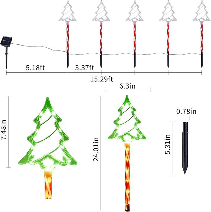 Solar Christmas Pathway Lights Outdoor Decorations, 8 Modes Xmas Tree Candy Lights Waterproof Led Garden Stake Lights for Walkway Yard Lawn Porch Holiday Decor 5-Pack (Red Green Xmas Tree Lights)