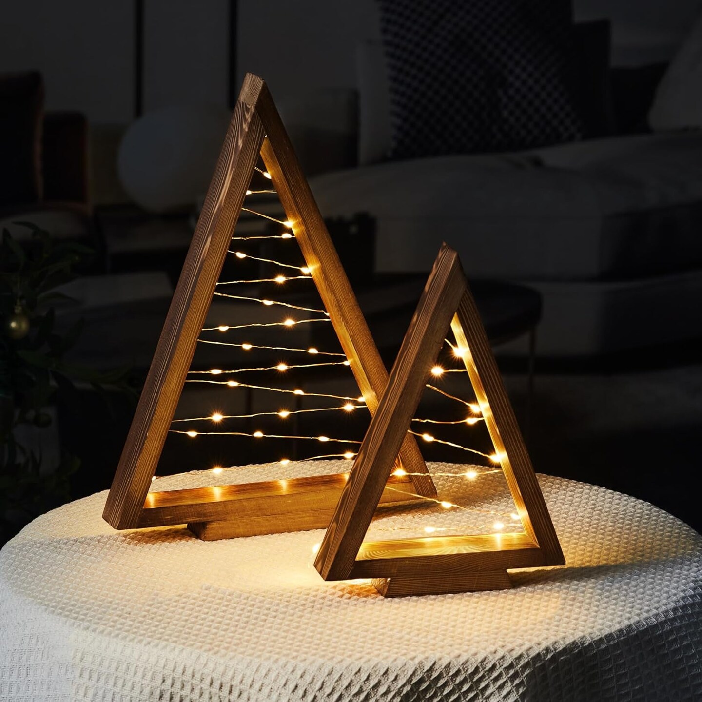 Wood Christmas Tree with Lights, Modern Farmhouse Lighted Tabletop Christmas Tree for Home Table Fireplace Mantle Shelf Decor, Christmas Holiday Decorations Set of 2 (Large 13.3&#x22; &#x26; Small 9.8&#x22;)