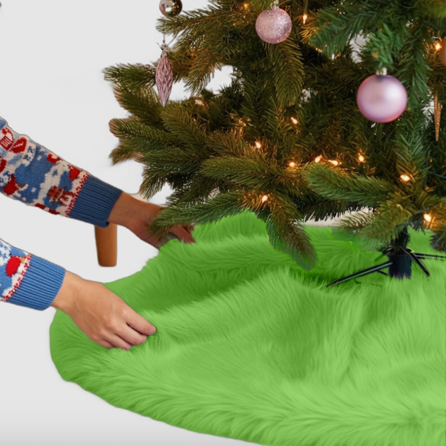 FabricLA 40&#x22; Lime Faux Fur Christmas Tree Skirt - Fluffy Plush Tree Skirt (101cm) for Holiday Decorations