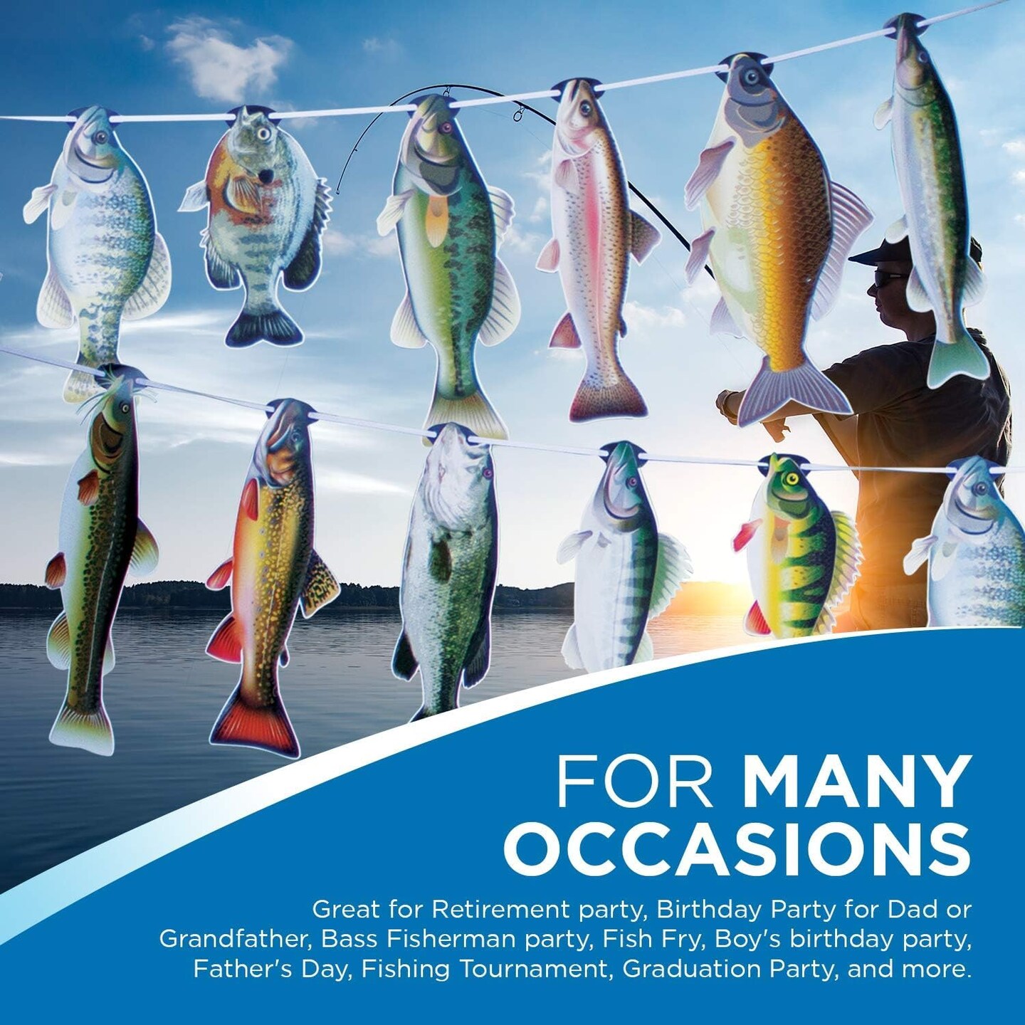 Havercamp Gone Fishin String Hanging Banner for Fish Fry, Bass Fishing, Freshwater Pond &#x26; Salt Water Tournament Fishing Decorations