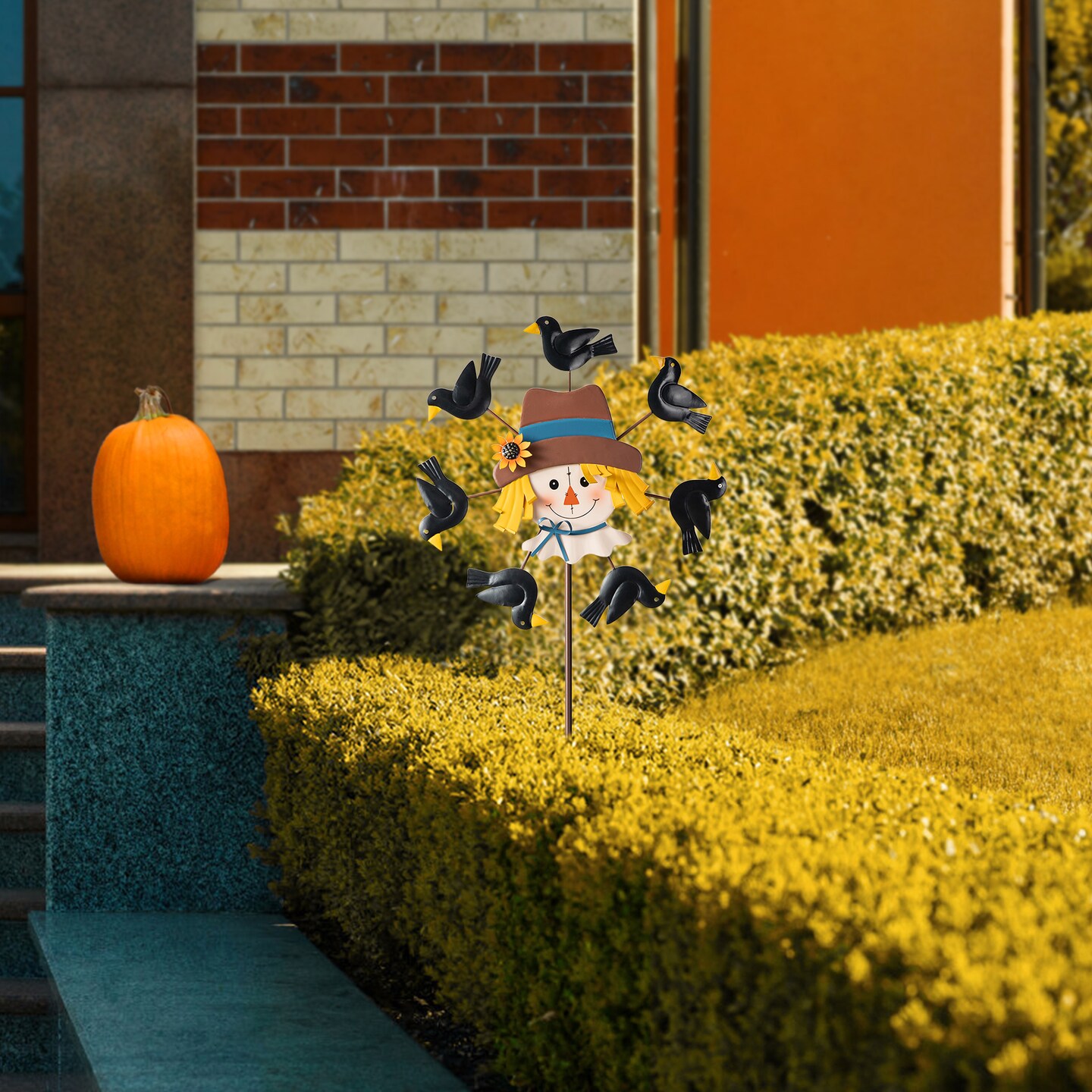 41.75"H Fall Metal Scarecrow Head with Crows Windmill Yard Stake or Hanging Decor (KD, Two Function)