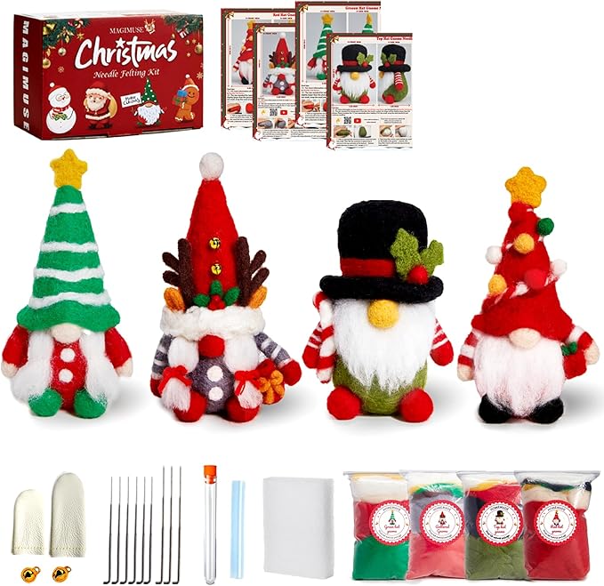 Needle Felting Kit, Needle Felting Starter Kit with Basic Felt Tools, Christmas Gnome Needle Felting Kit for Beginners, DIY Wool Needle Felting Supplies for Christmas Festival Crafts