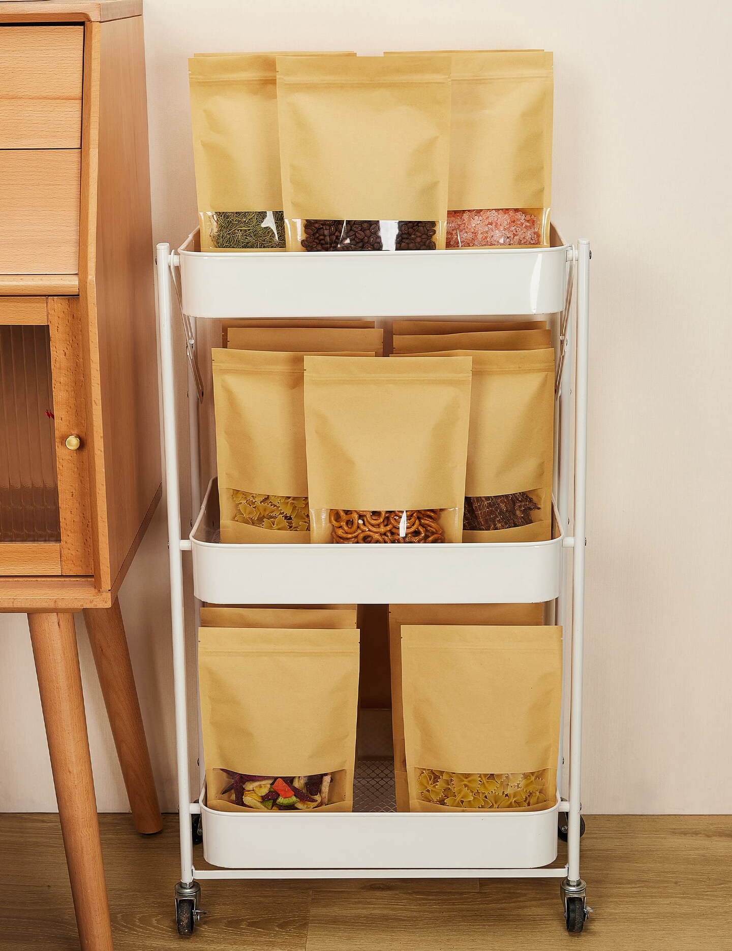 FireKylin 100 Pcs Kraft Paper Bags with Window, 3.5&#x22; x 5.5&#x22; Stand Up Pouches Bags, Zip Lock Food Storage Bags for Packaging Products, Reusable, Sealable