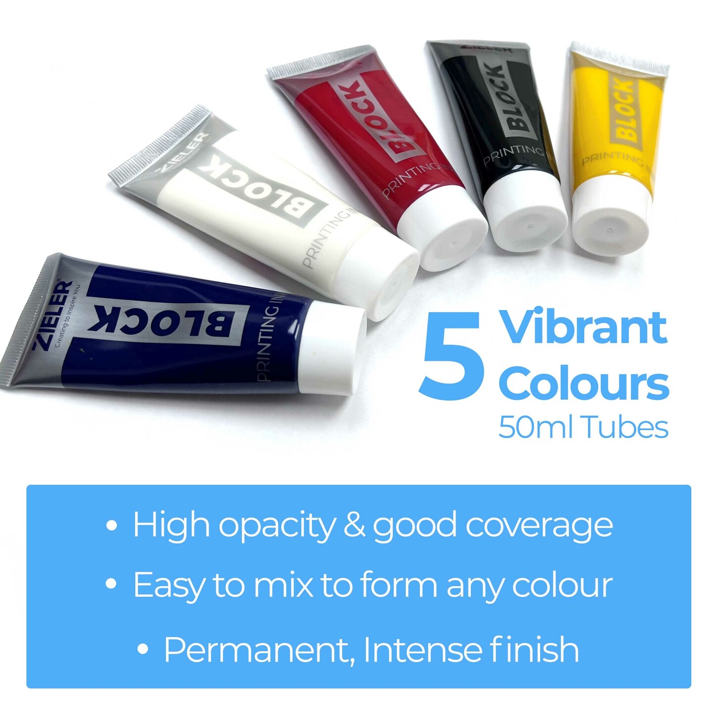 Zieler® 5 Block Printing Inks, Premium Oil-Based 50ml Tubes in Black, Blue, Red, White & Yellow