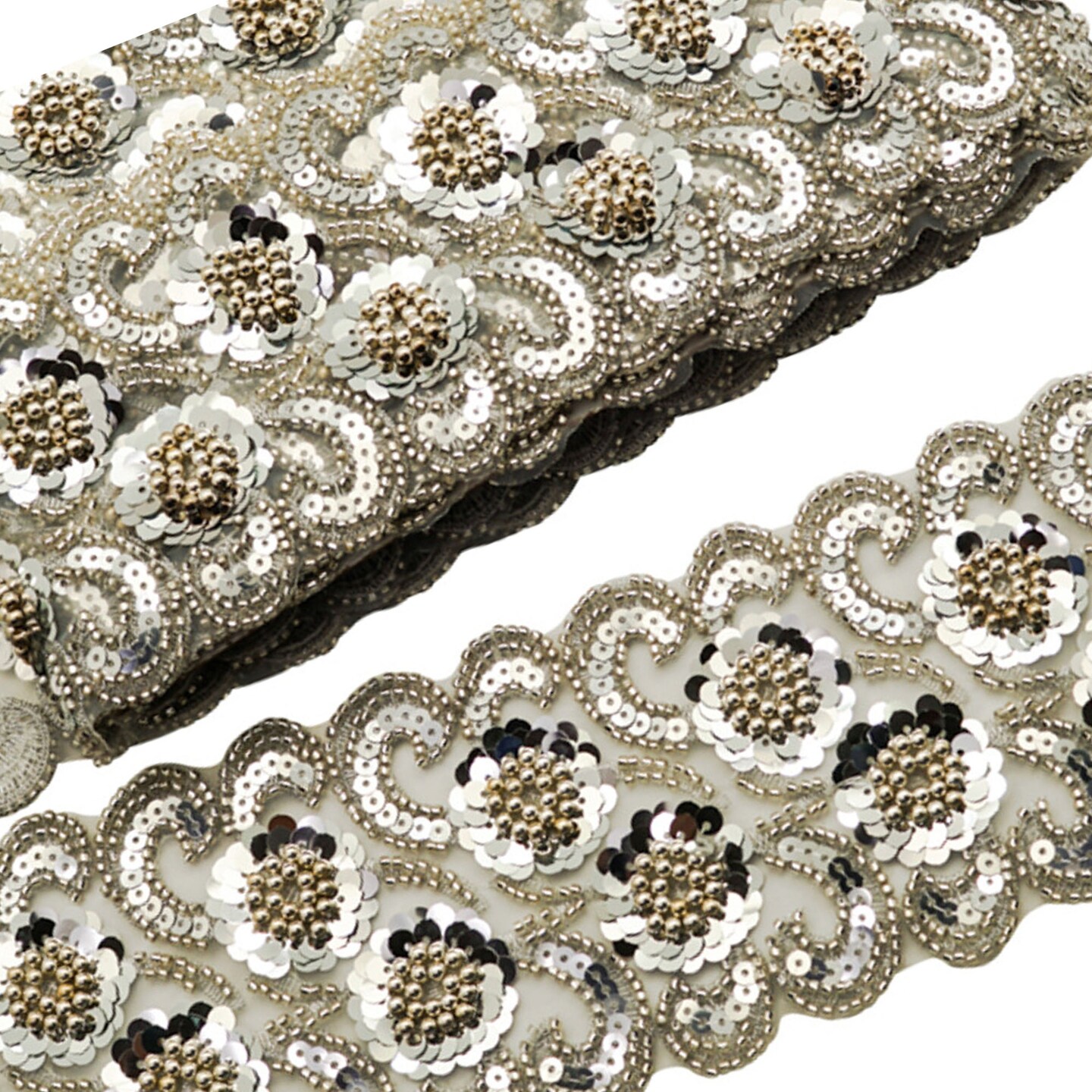4&#x22;x 5 yards Silver Beaded Sequin Trim