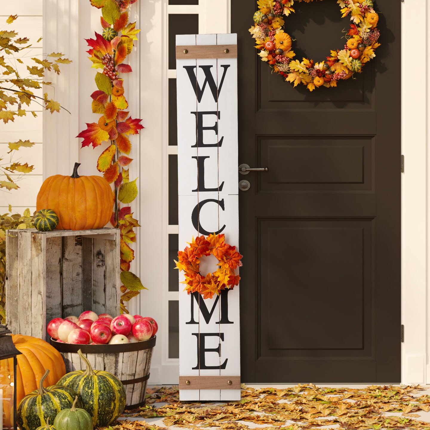 60"H Wooden Fall Christmas Welcome Porch Sign with 4 Floral Wreaths