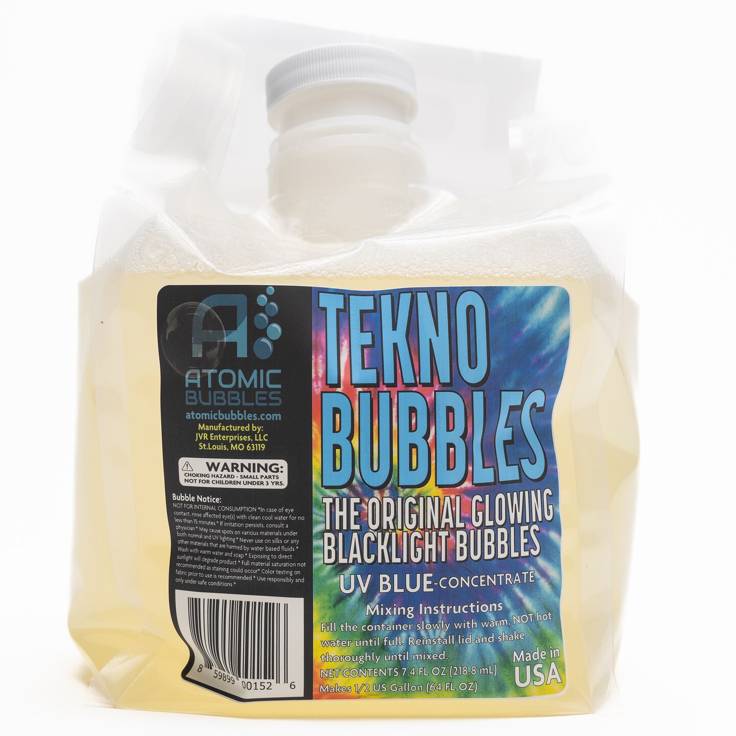 Atomic Bubbles: Tekno Bubbles 64oz Smart Pouch Refill - Blue - UV Blacklight Glow Bubbles, Glow Parties, Indoor &#x26; Outdoor, Safe For Kids, Non-Toxic