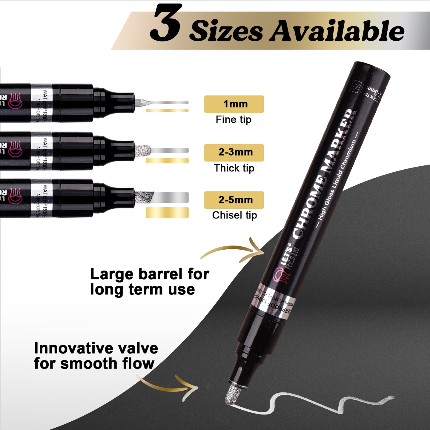 LET&#x27;S RESIN 6Pcs Mirror Chrome Markers,3 Sizes Shiny Chrome Paint Pen with Large Barrel, Quick Dry Oil-based Silver &#x26; Gold Markers for Metal, Resin, Model Painting, Marking or DIY Art&#xFF08;1-5mm&#xFF09;