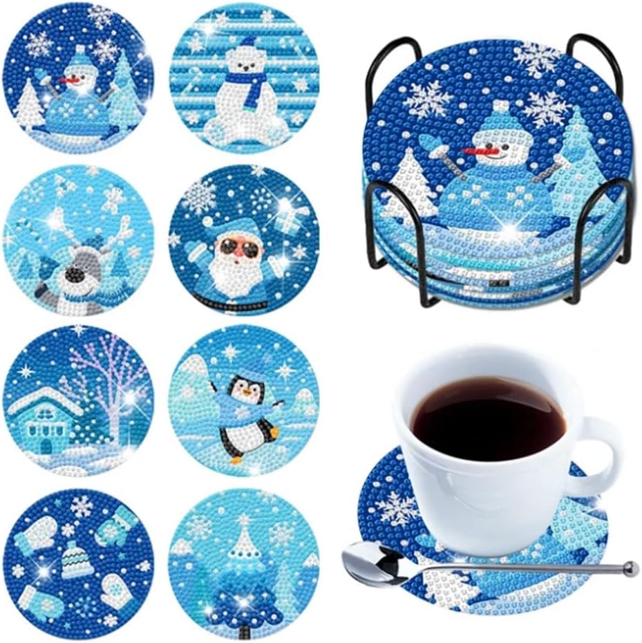 8 PCS Christmas Diamond Painting Coasters, Diamond Art Coasters with Holder, DIY Snowmen Diamond Painting Coasters Kits for Beginners Kids Adults Craft Supplies Home Decoration