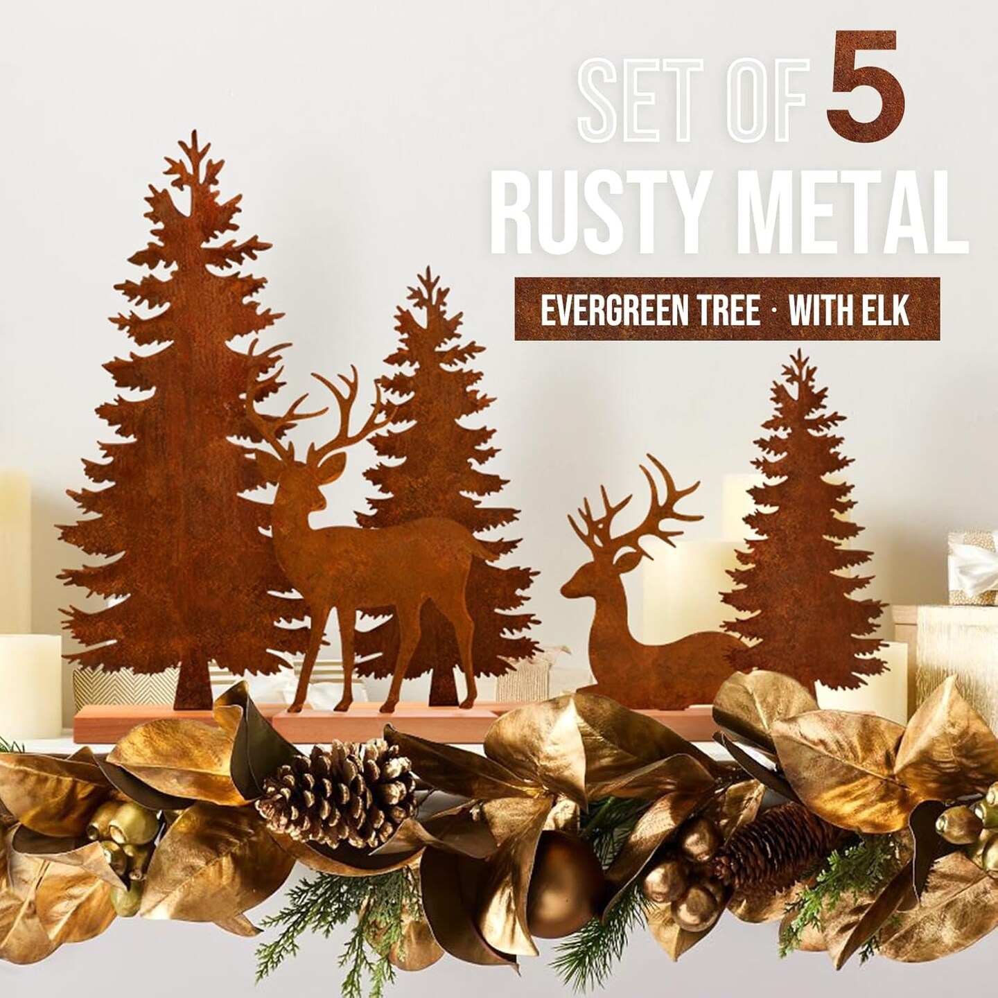 Set of 5 Metal Christmas Pine Tree and Elk Tabletop Decor, Rusty Steel Vintage Evergreen Tree Table Centerpieces - Farmhouse Xmas Holiday Decoration for Room Fireplace Shelf