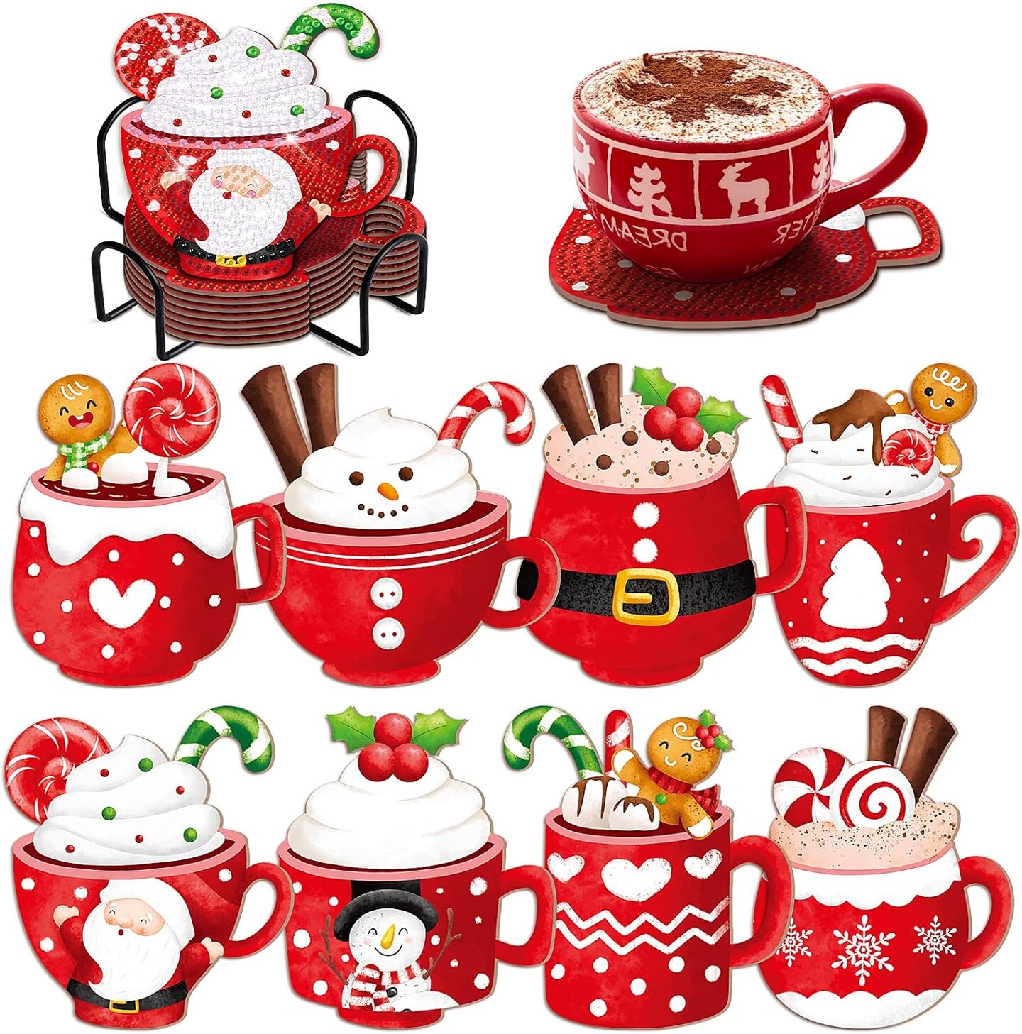 8 PCS Christmas Diamond Art Coasters Christmas Hot Cocoa Diamond Art Coasters Kits with Holder Santa Claus Snowman DIY Coasters for Beginners, Adults, Kids, Diamond Art Crafts Supplies