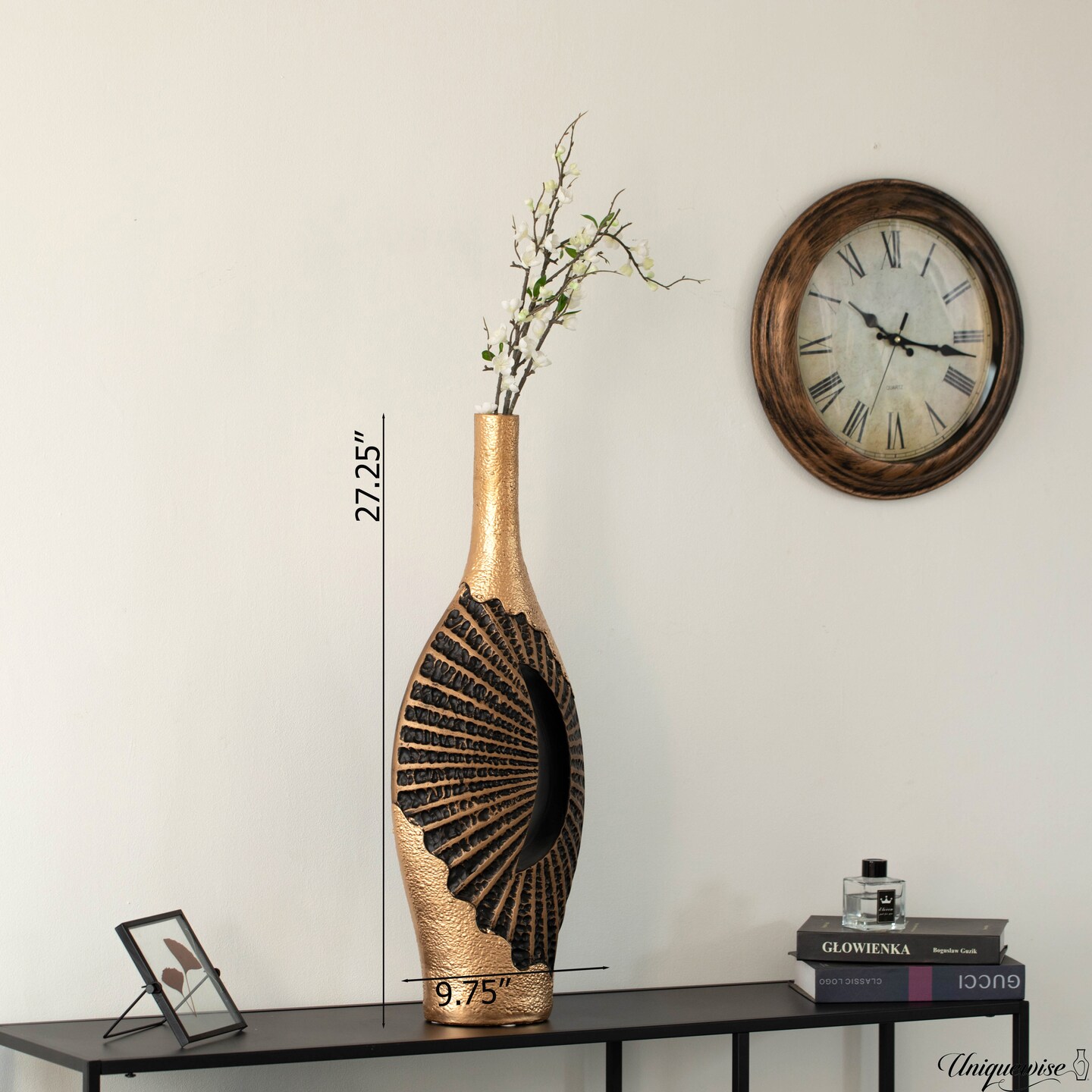 27-Inch Fiberglass Vintage Farmhouse Floor Vase, Boho Wedding Centerpiece - Unique Black and Gold Rustic Design Tall Vase - Perfect Decoration for Living Room, Bedroom, Entryway, Hallway and Kitchen