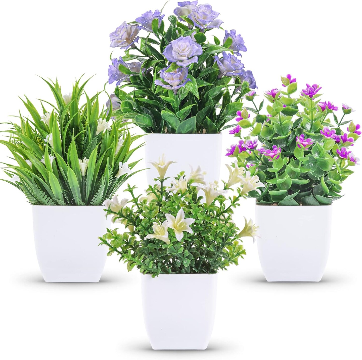 4 Pack Mini Artificial Flower Plants in Pots – Small Faux Spring Plants for Mother’s Day Card Making, Farmhouse Desk Decor, Home & Office Decoration