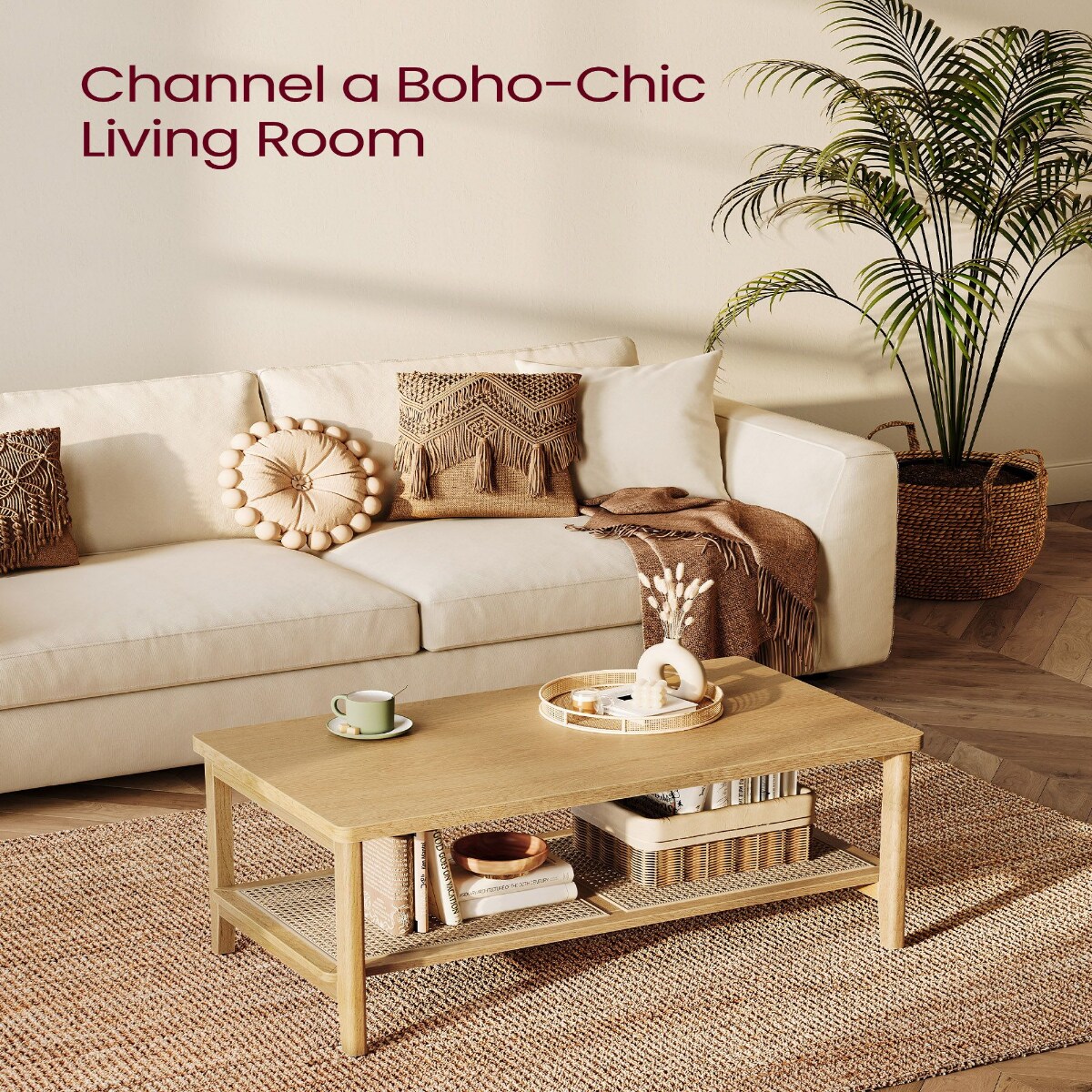 Boho Style Coffee Table with Rattan Shelf, Modern Center Table with MDF Top and Storage Shelf for Living Room Bedroom Office Use