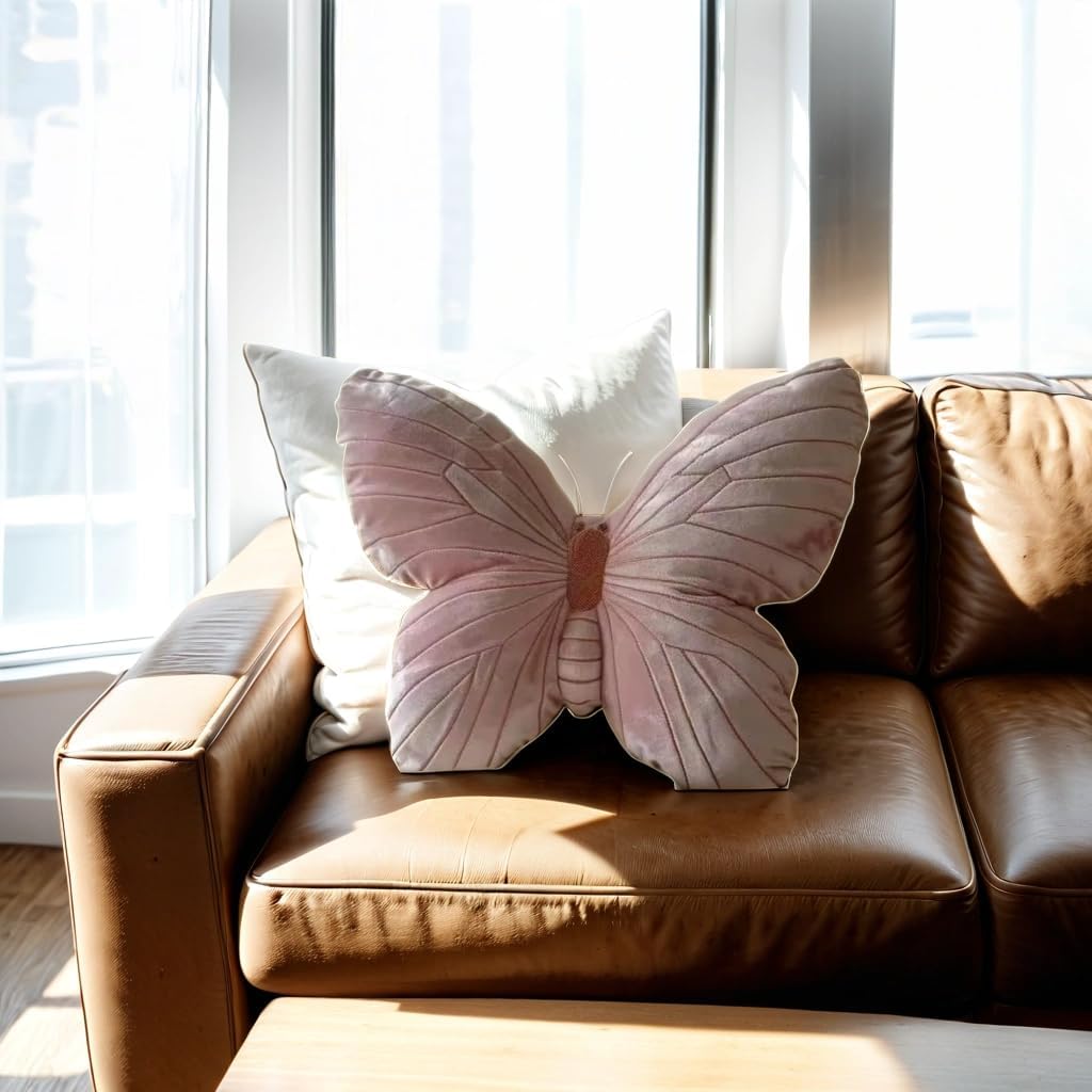 Butterfly Throw Pillow, Pink Butterfly-Shaped Glitter Velvet Stuffed Cushion Shiny Spring Decorative Animal Pillow for Couch Living Room Bed (Butterfly-B,11.8&#x22;x11.8&#x22;)