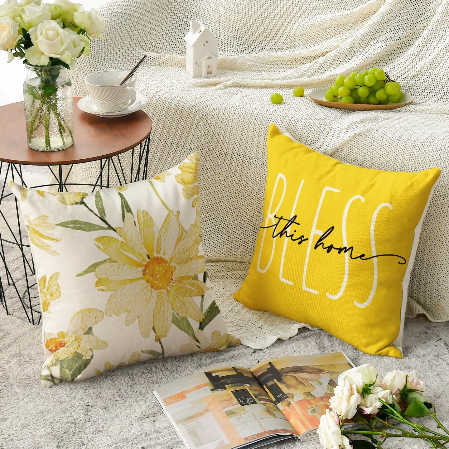 Home Sweet Home Spring Summer Flowers Yellow Throw Pillow Covers, 18 x 18 Inch Cushion Case for Sofa Couch Set of 4