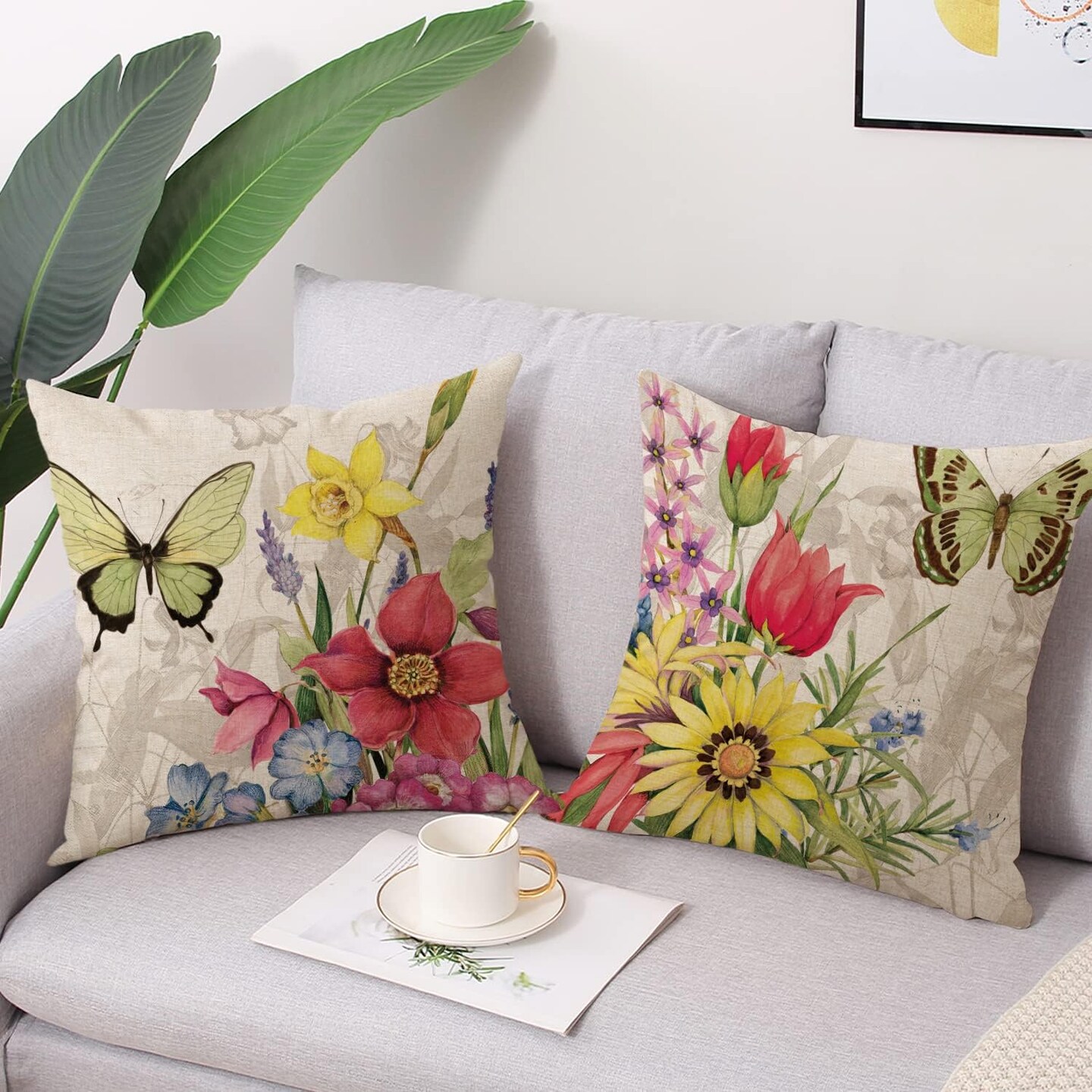 Throw Pillow Covers 16x16 Set of 4 Decorative Spring Pillow Covers Linen Flower Butterfly Farmhouse Pillowcases for Sofa Couch Living Room Outdoor (16&#x22; x 16&#x22;)