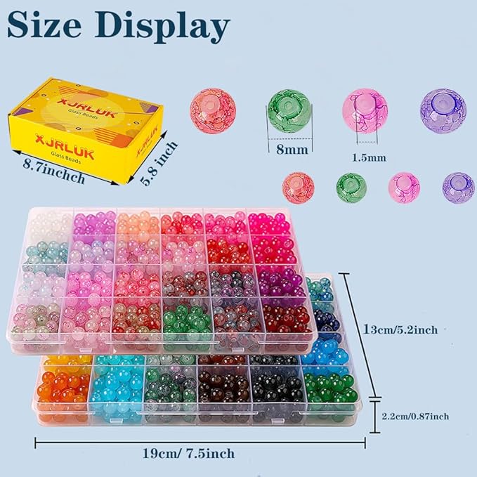 Glass Beads for Jewelry Making, 1300pcs + 8mm 48 Colors Round Crystal Glass Beads Bracelet Making Kit, Bead Starter Kit for Birthday Holiday Art Crafts Gifts