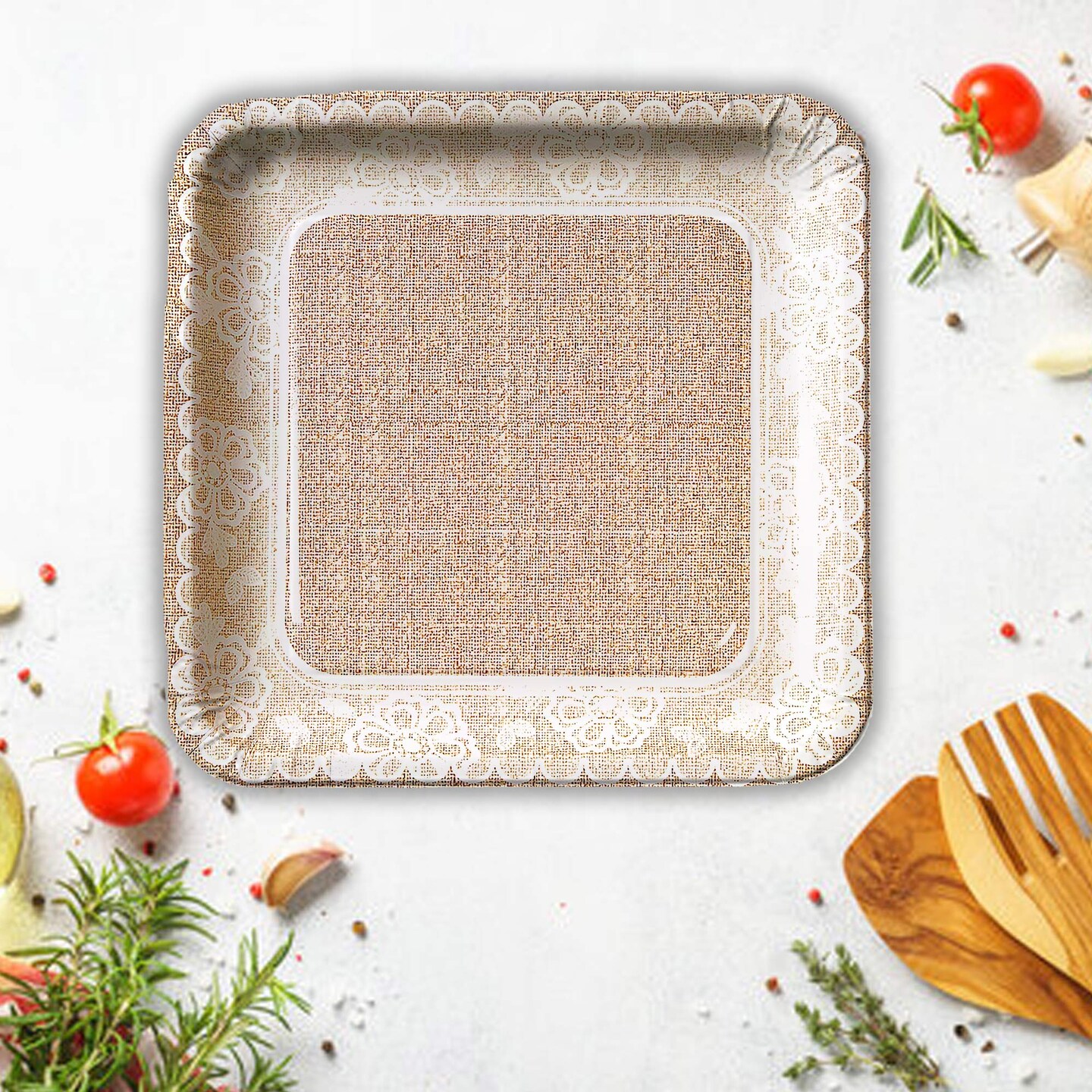 8 Count Burlap and Lace Square Paper Dessert Plates 7 Inch Print Plates & Bowls