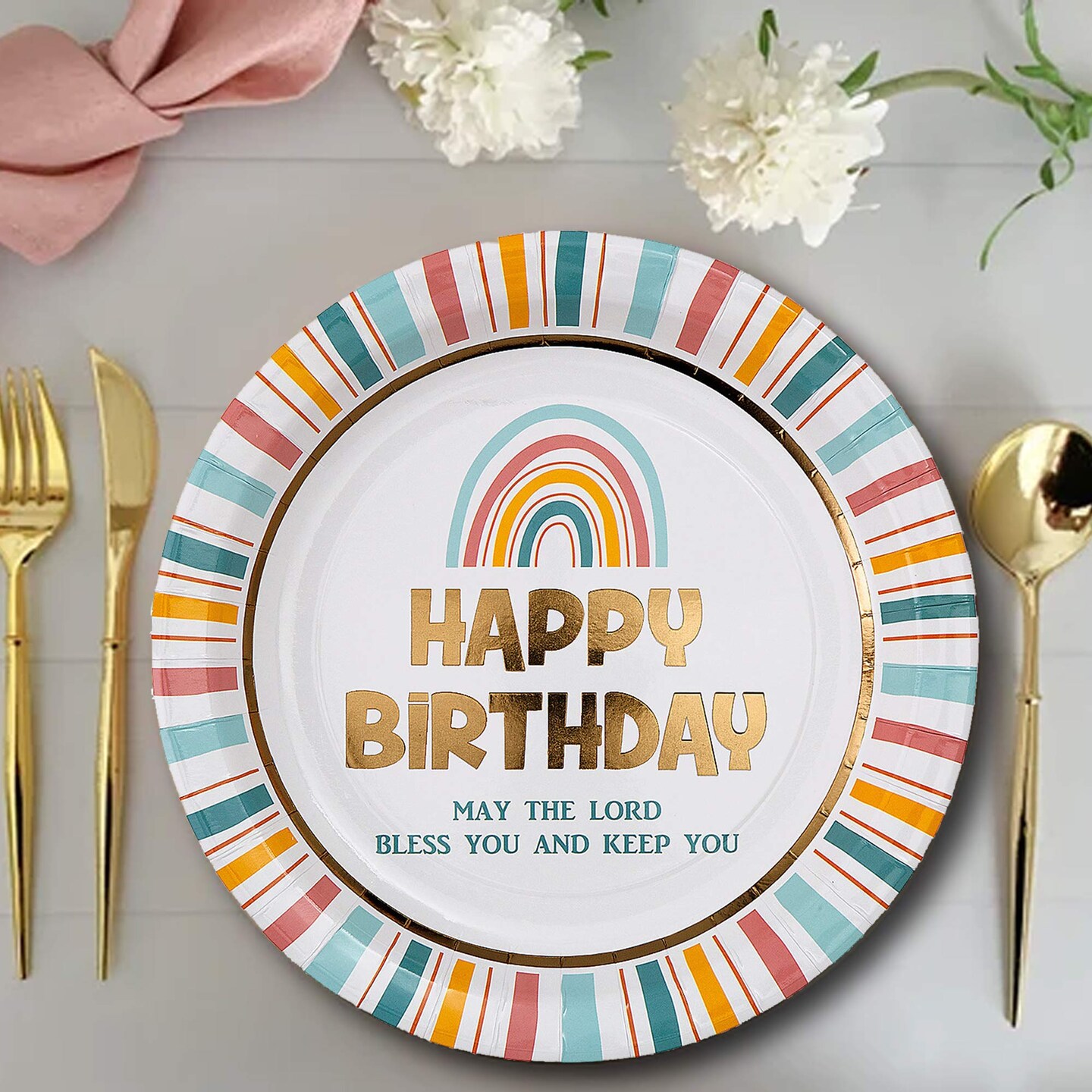 8 Count Religious Happy Birthday Rainbow Paper Dinner Plates 9.5&#x22; Faith-Inspired Disposable Plates