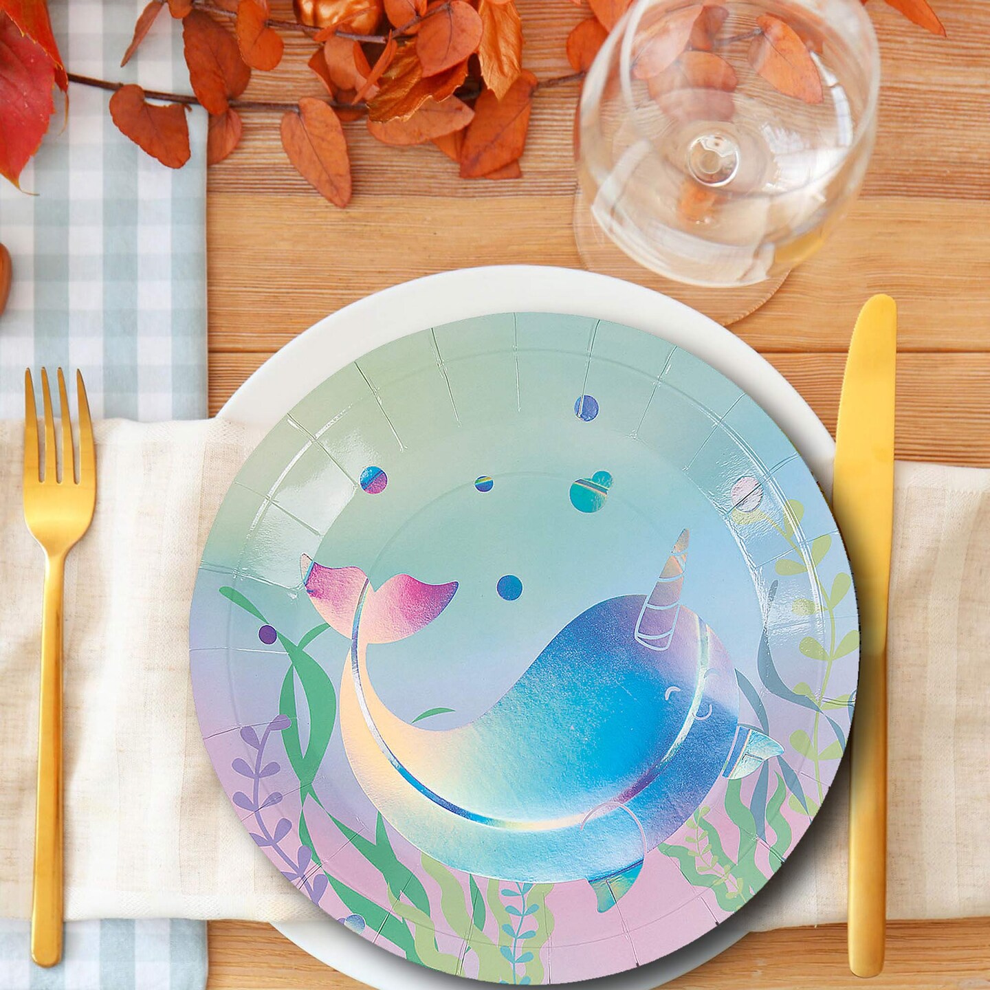 8 Count Iridescent Narwhal Party Paper Dinner Plates 9" Magical Sea-Themed Disposable Plates
