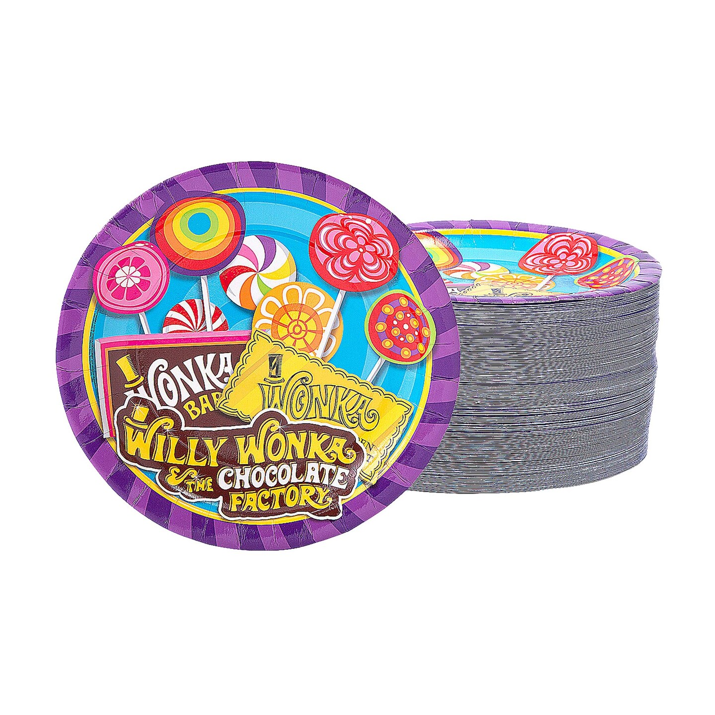 96 Pack 9&#x22; Willy Wonka Paper Plates Candy Theme Birthday Party Supplies