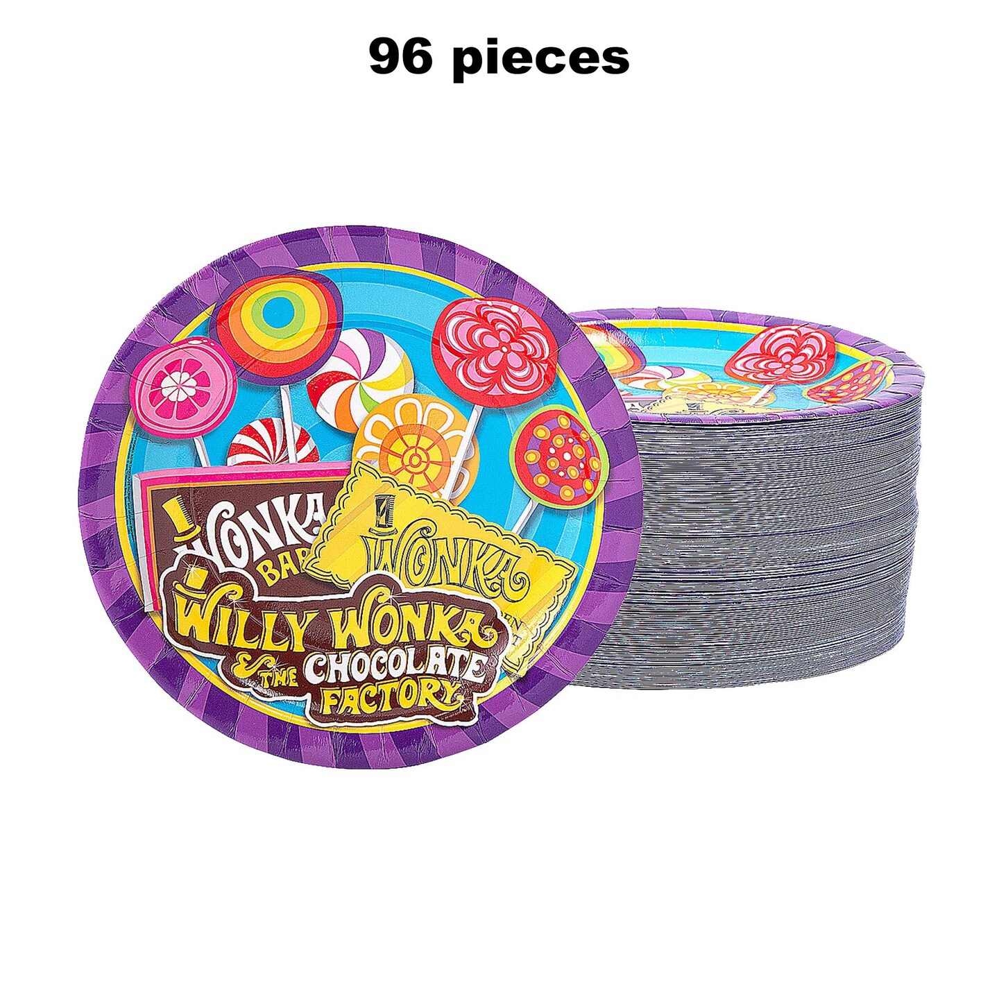 96 Pack 9&#x22; Willy Wonka Paper Plates Candy Theme Birthday Party Supplies