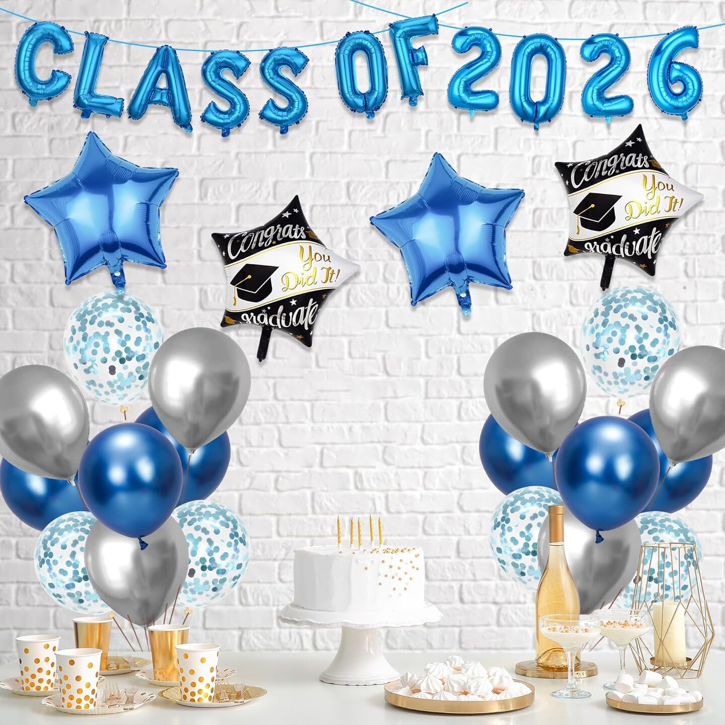 Graduation Party Decorations 2026 Balloons - 27 Pcs Blue Class Of 2026 Banners Foil Graduation Cap Star Balloons Latex Balloon Set For High School College Graduation Party Decor Supplies