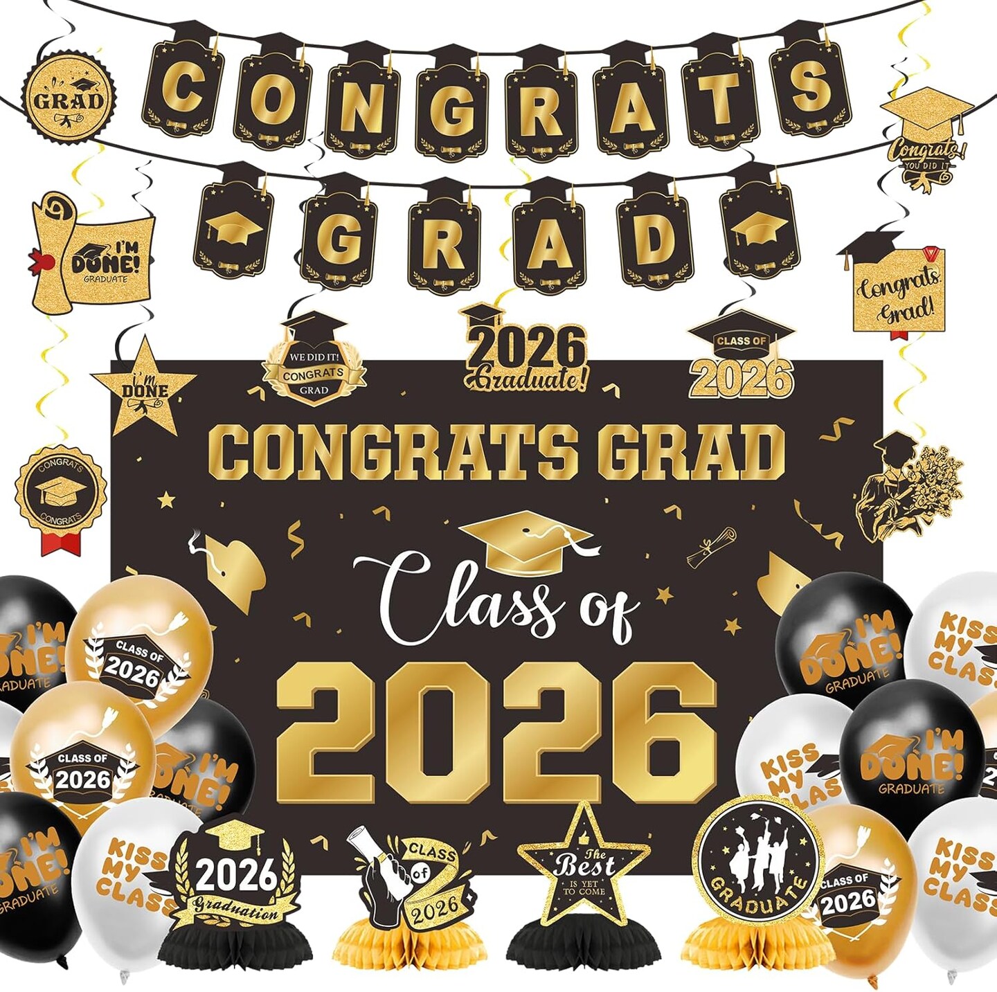 Graduation Decorations 2026 Gold Themed Set Class of 2026 Congrats Grad Banner Balloons Honeycomb & Streamers Kit Graduation Party Decorations for School and College Celebrations