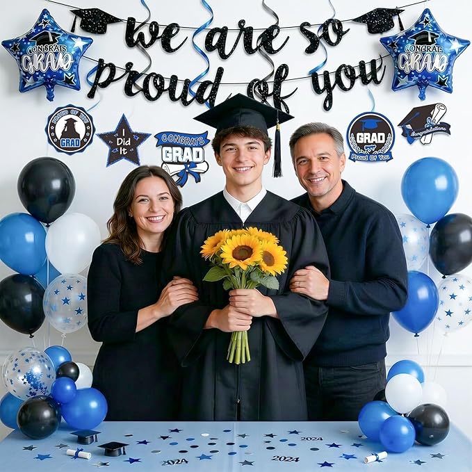 Graduation Balloons Set Class of 2026, Black and Blue Graduation Decorations We Are So Proud of You Banner Star Foil Latex Balloon and Hanging Swirls for Congrats Grad Balloons Party Decor