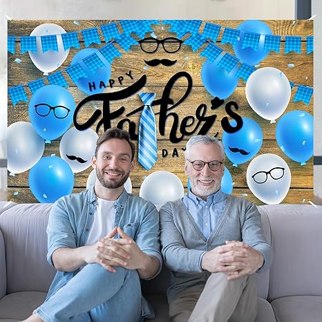 Happy Fathers Day Backdrop Father Day Photography Happy Father’s Day Party Decorations Favors and Supplies Tie Beard Blue Balloon Wood Panel Backdrop Father’s Day Indoor Outdoor Decorations