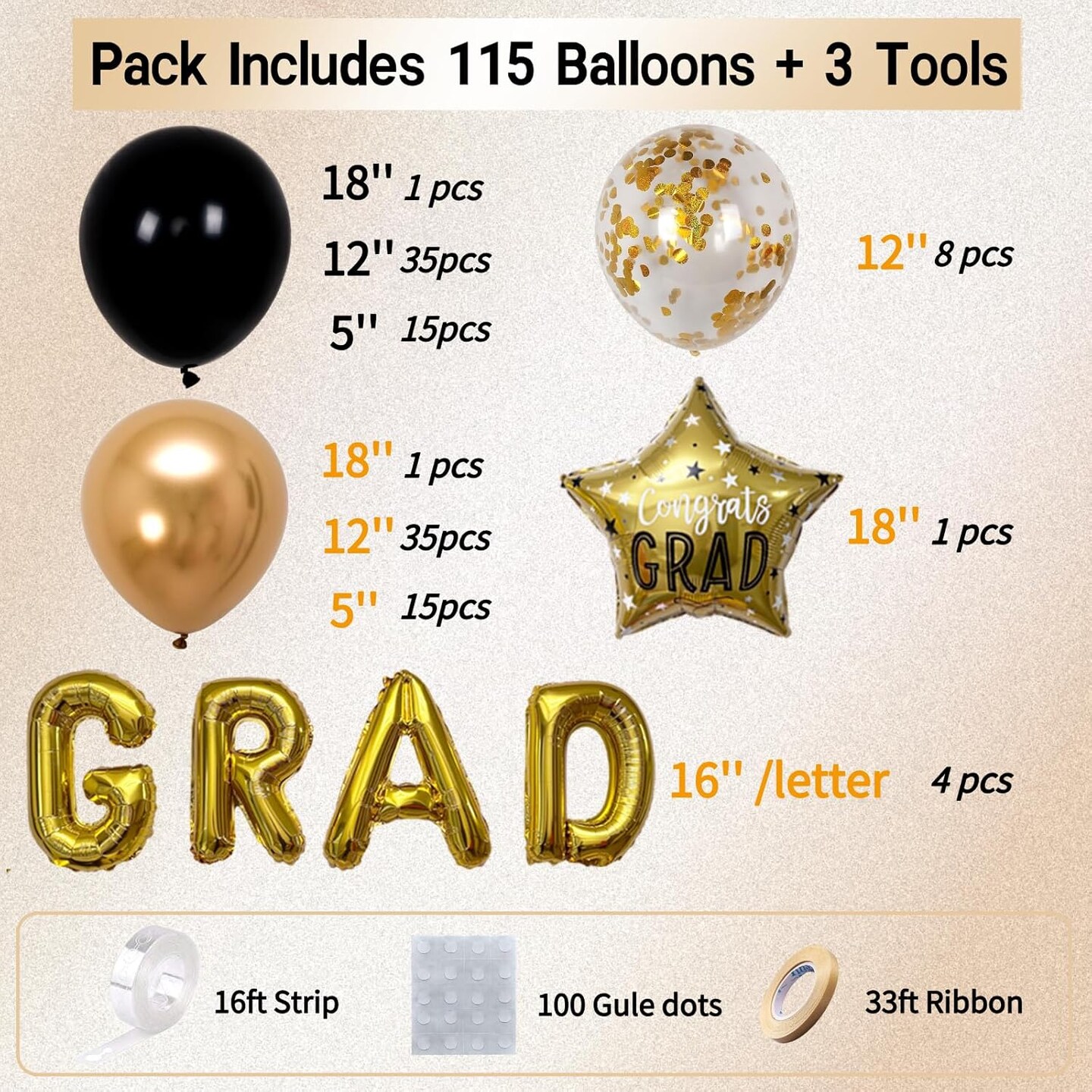 Graduation Balloon Arch Kit - 115Pcs Black Gold Graduation Balloon Garland with GRAD Letters and Star Foil Balloons for Class of 2026 Grad Prom Party Decor