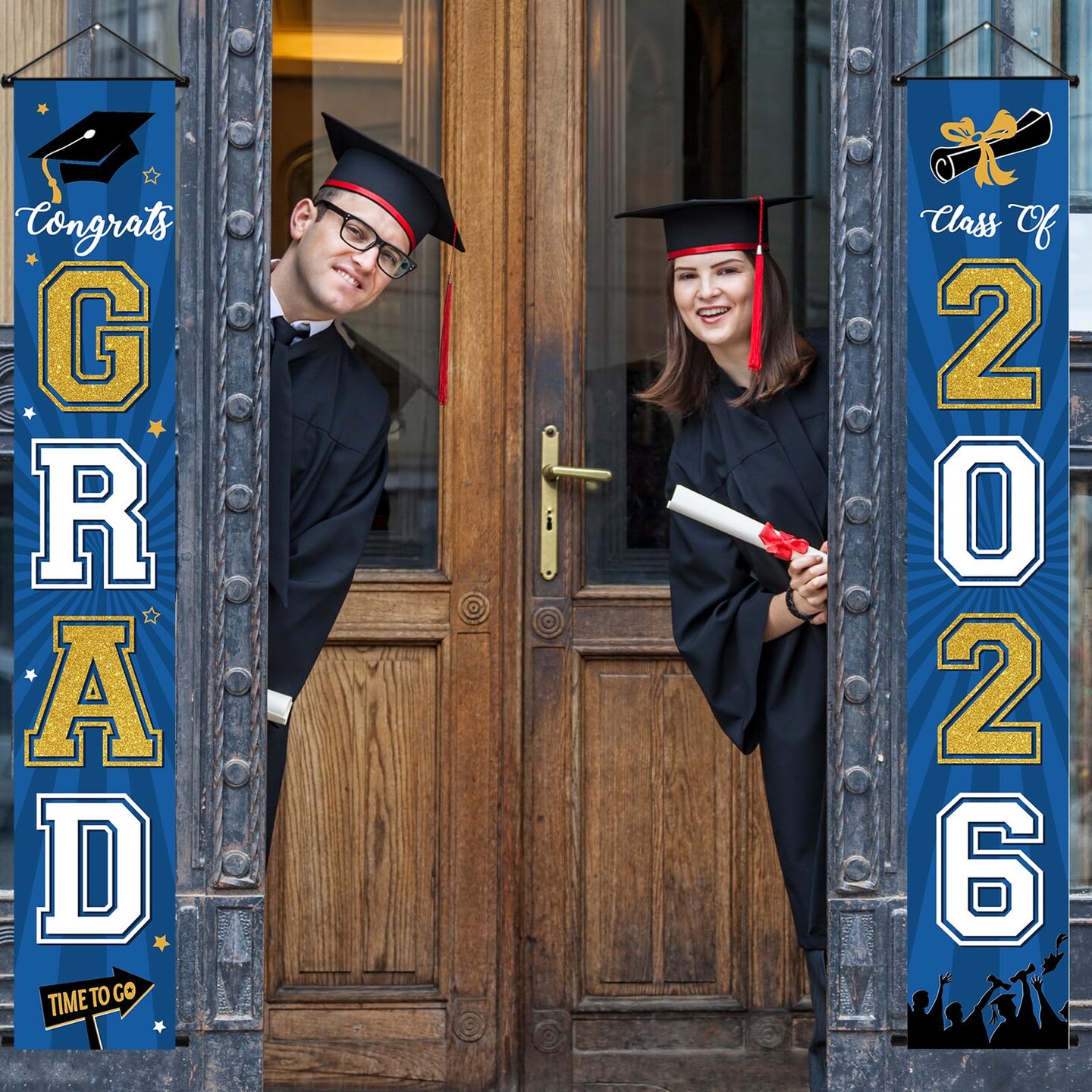 2026 Graduation Banner Class of 2026 Congrats Grad Porch Sign Party Decorations Supplies Welcome Hanging Door Decor for Indoor Outdoor(Blue and Gold)
