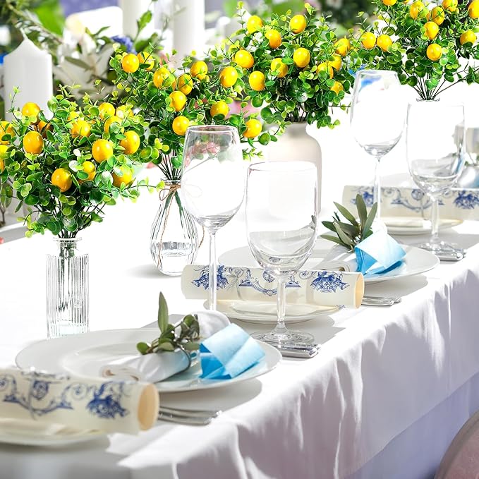 6 Pack Lemon for Decoration Fake Lemon Branches Artificial Vivid Yellow Faux Lemons Tables Centerpiece for Kitchen Stem Fruits for Home Spring Summer Decor