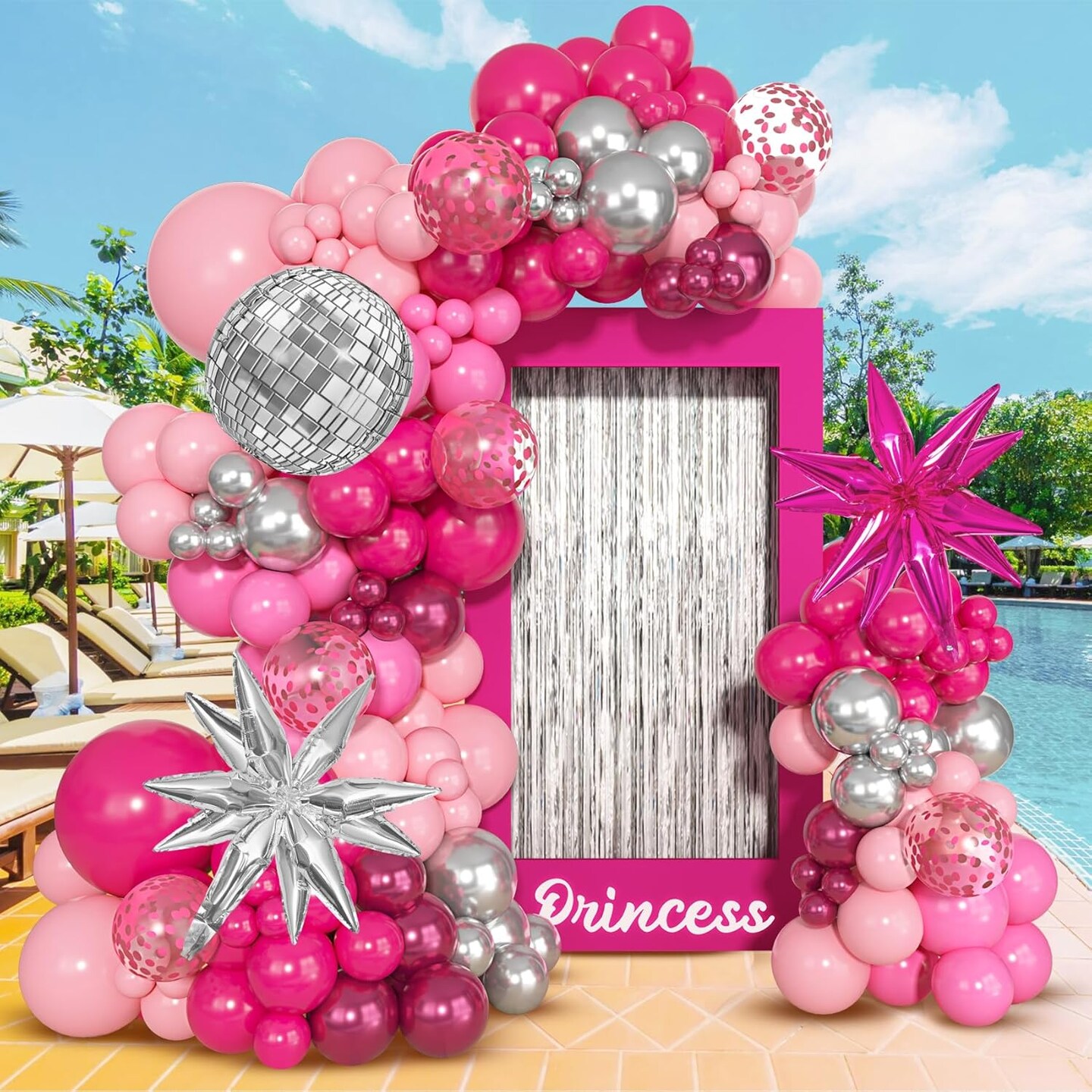 145Pcs Princess Pink and Silver Valentines Balloon Garland Arch Kit, Hot Pink Confetti 4D Star Disco Ball Crown Balloons for Girls Women Bridal Baby Shower Makeup Bachelorette Birthday Party Decors