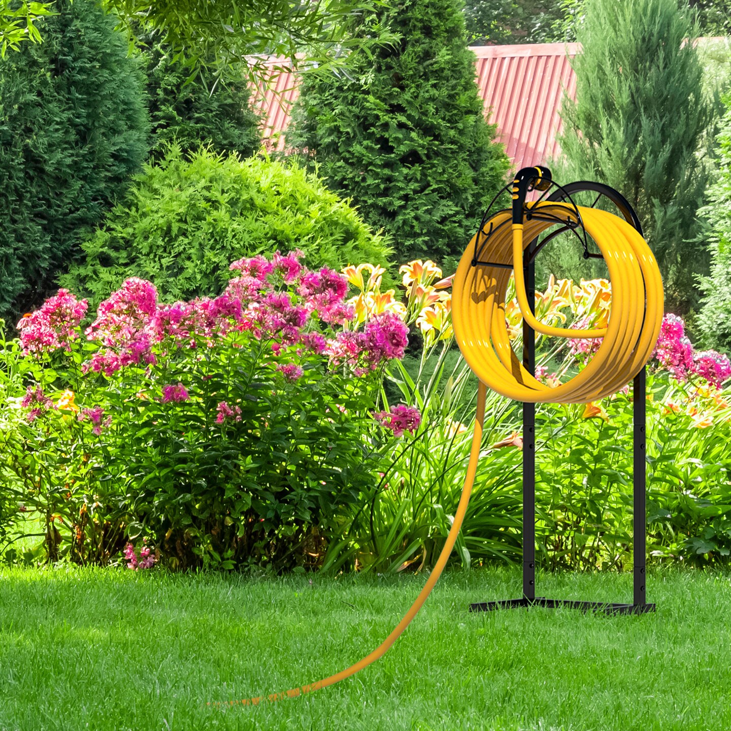 Freestanding Garden Hose Holder, Metal Water Hose Stand with Ground Stakes