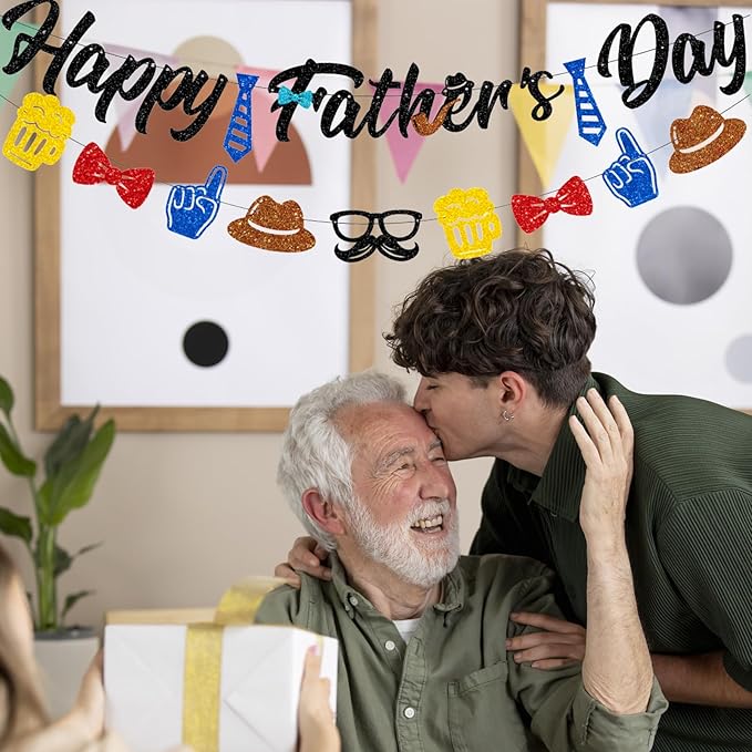Glitter Happy Father's Day Banner Set - 2-Pack Metallic Hanging Bunting Garland with Tie & Beer Graphics | Pre-Strung Heavy 400g Cardstock Sign for Fireplace Mantle, Wall Party Decorations, Photo Props
