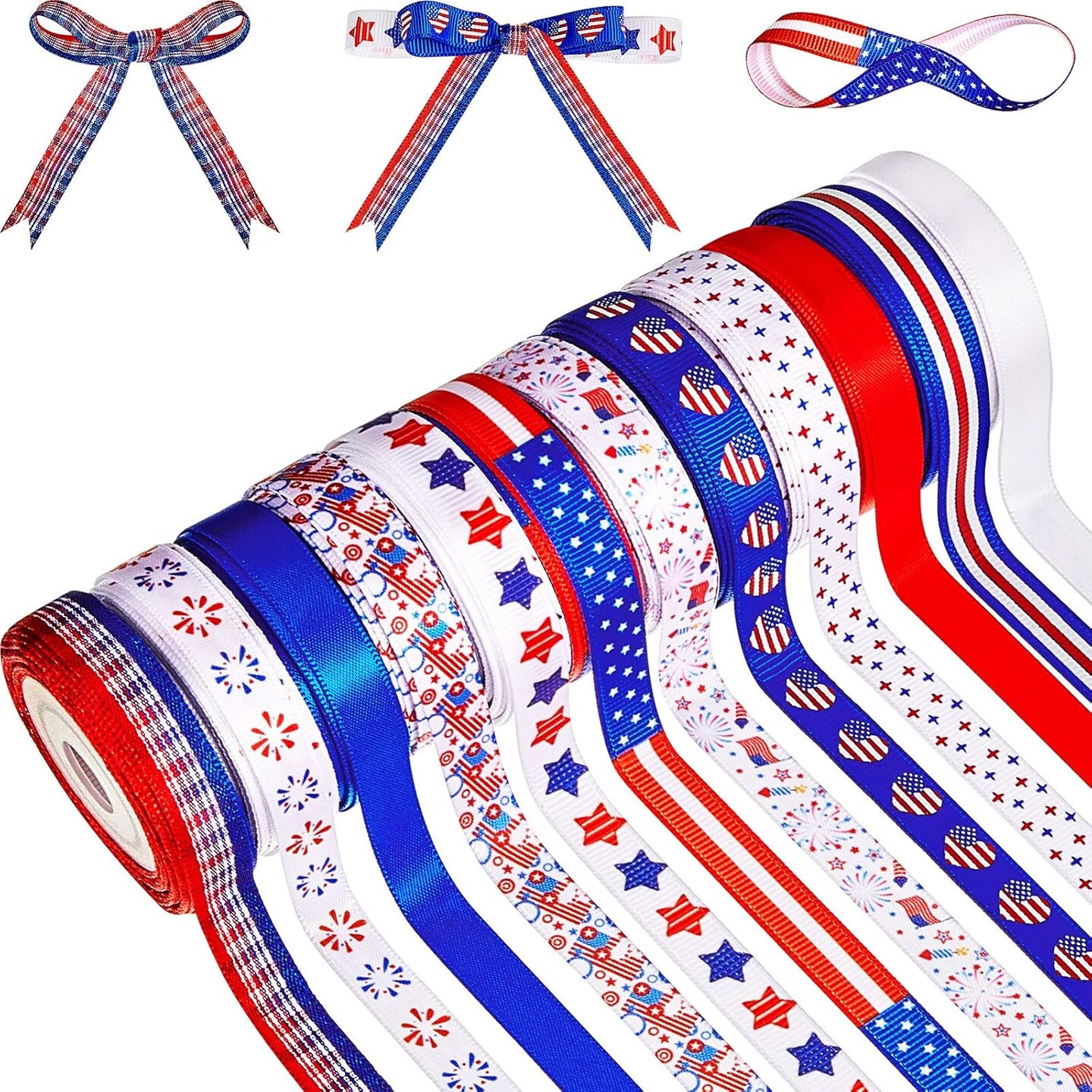 12 Rolls 4th of July Patriotic Grosgrain Ribbon Set – 60 Yards Red White & Blue Craft Ribbon (12 Styles) for Gift Wrapping, DIY Crafts, Hair Bows, Wreath Making & Decorations