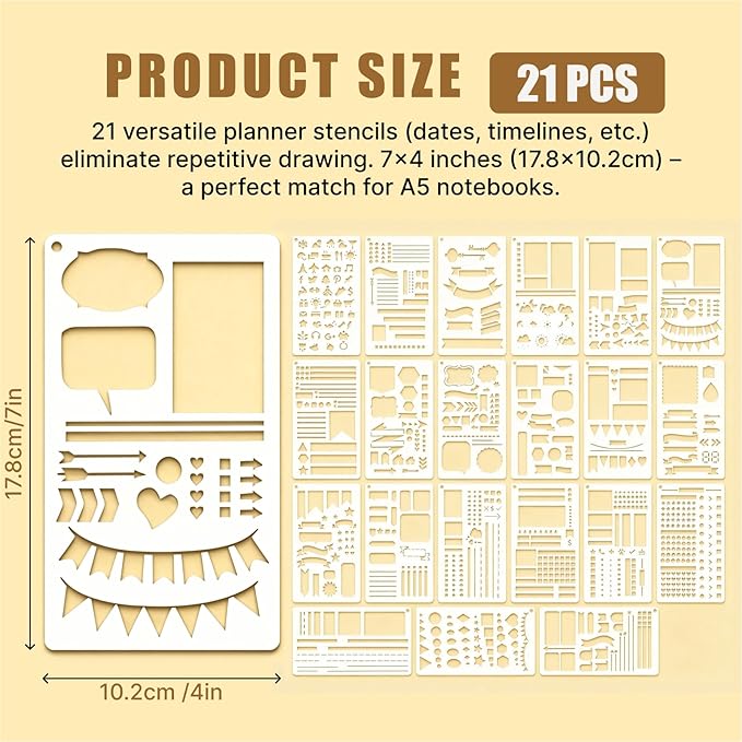 21Pcs Planner Stencils Bullet Journal Stencils - 4x7 Inch Scrapbook Stencil Set for Journaling, Notebook DIY, Scrapbooking, Greeting Cards, Diary Letters & Planner Templates