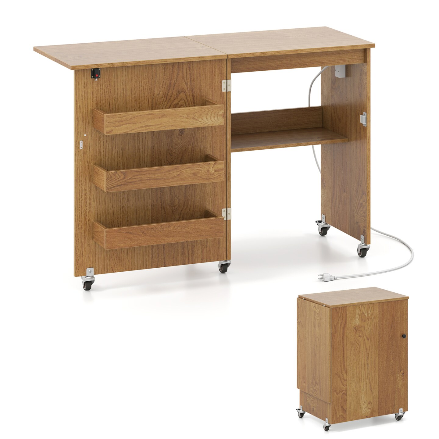 Portable Sewing Machine Table with USB Charging Station Storage Shelves Folding Craft and Study Desk on Wheels