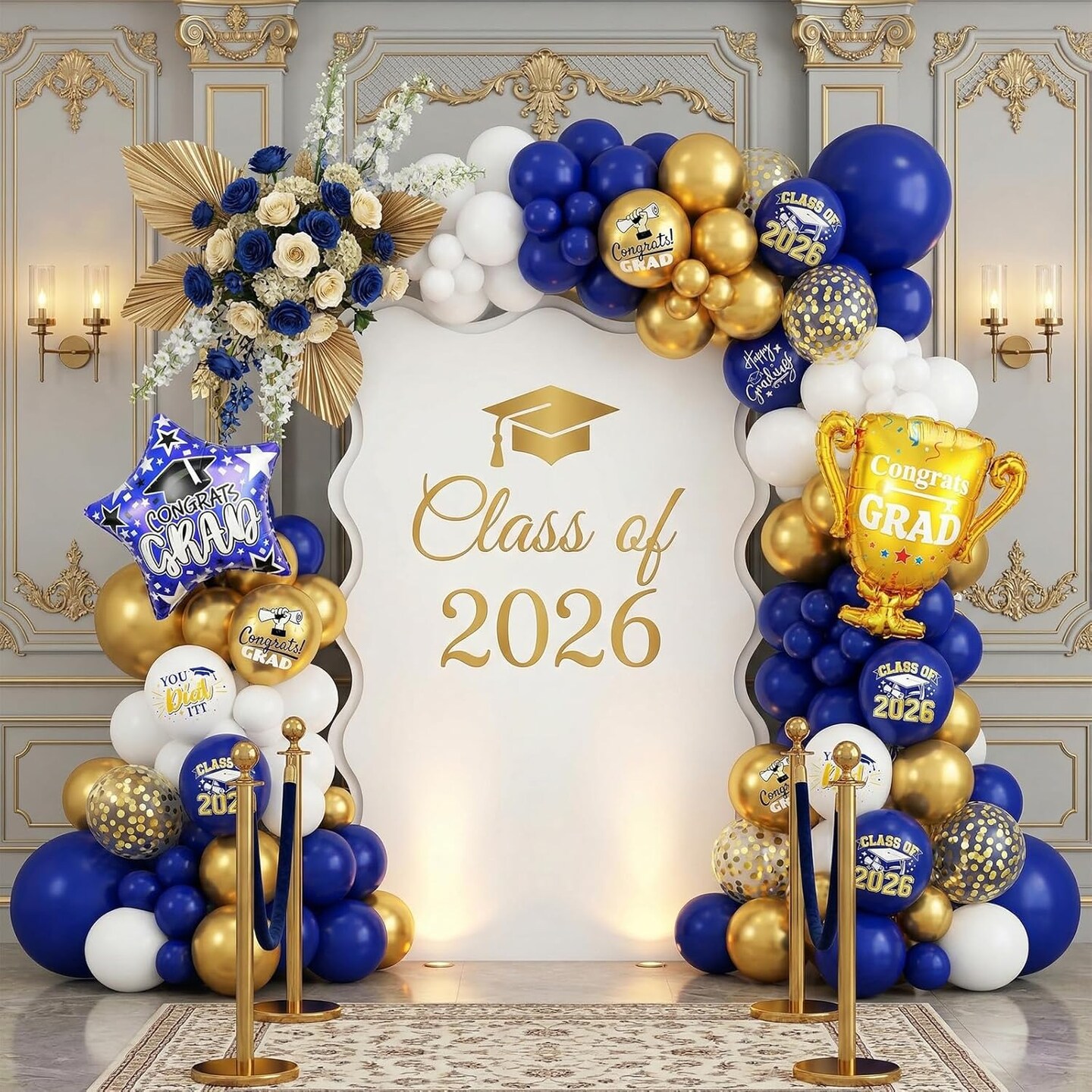 36Pcs Blue and Gold Graduation Balloons 2026 - Navy and Gold Latex Set with Trophy & Star Foil Balloons - Class of 2026 Congrats Grad Party Supplies for College and High School