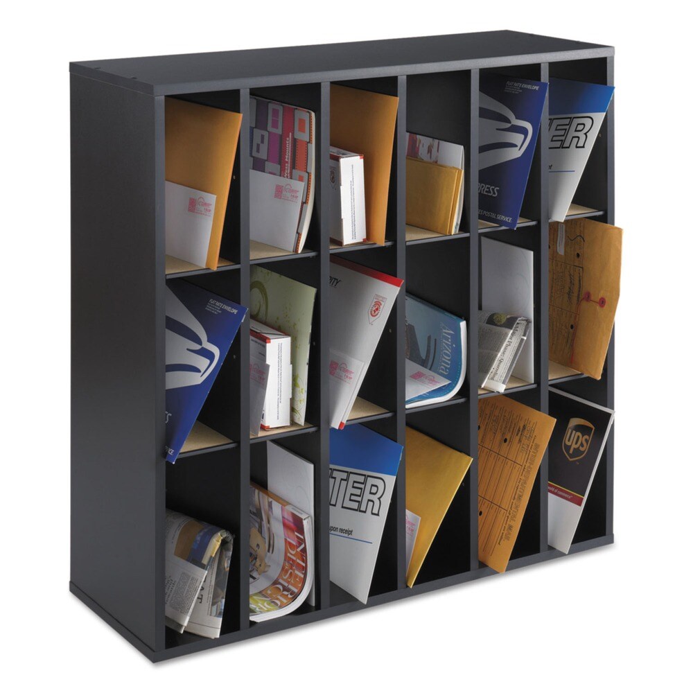 Safco 33.75 in. x 12 in. x 32.75 in. 18 Compartments Stackable Wood Mail Sorter with Adjustable Dividers - Black