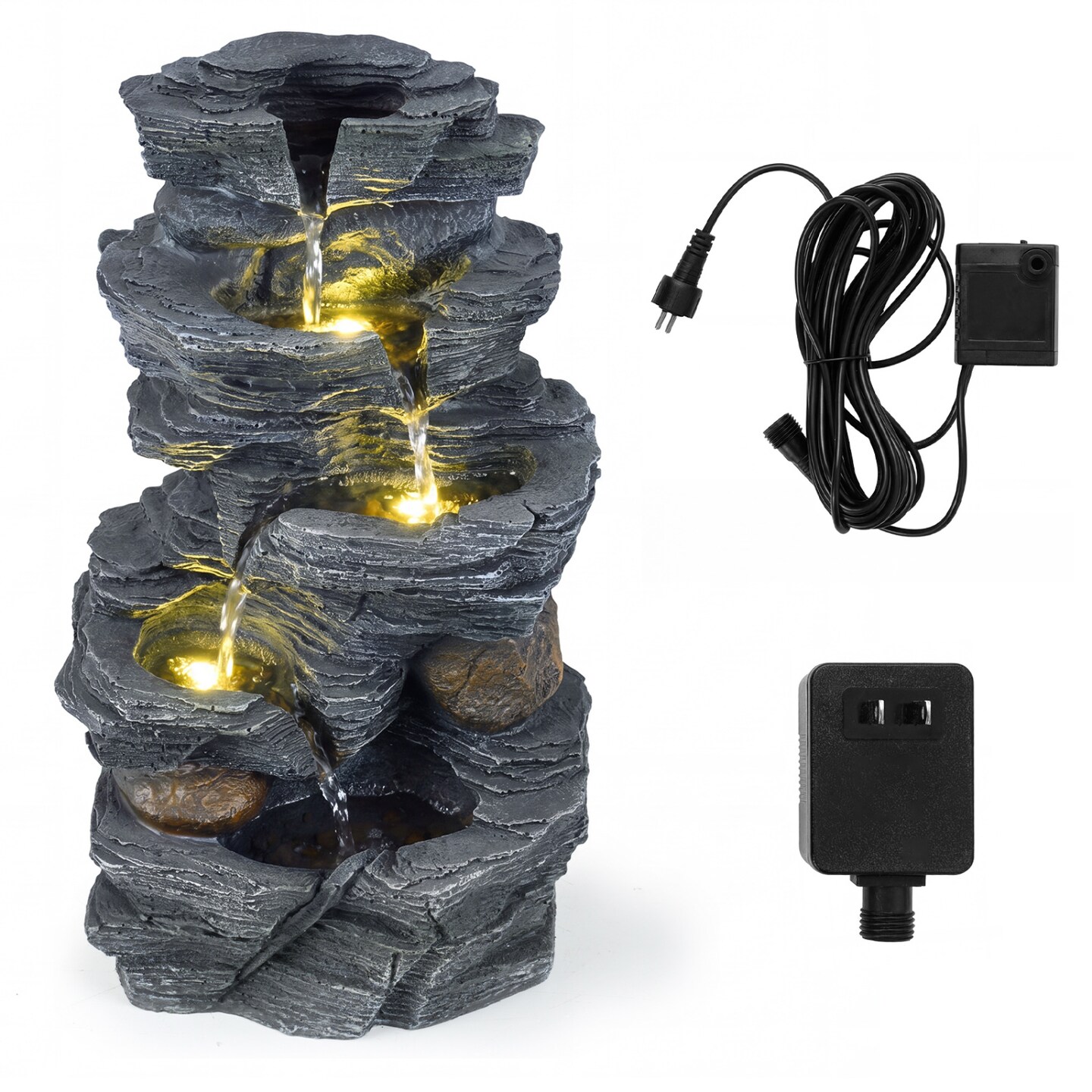 Indoor Outdoor Water Fountain with Warm LED Lighting, Resin Fiberglass Cascading Waterfall Decor for Patio Garden Office