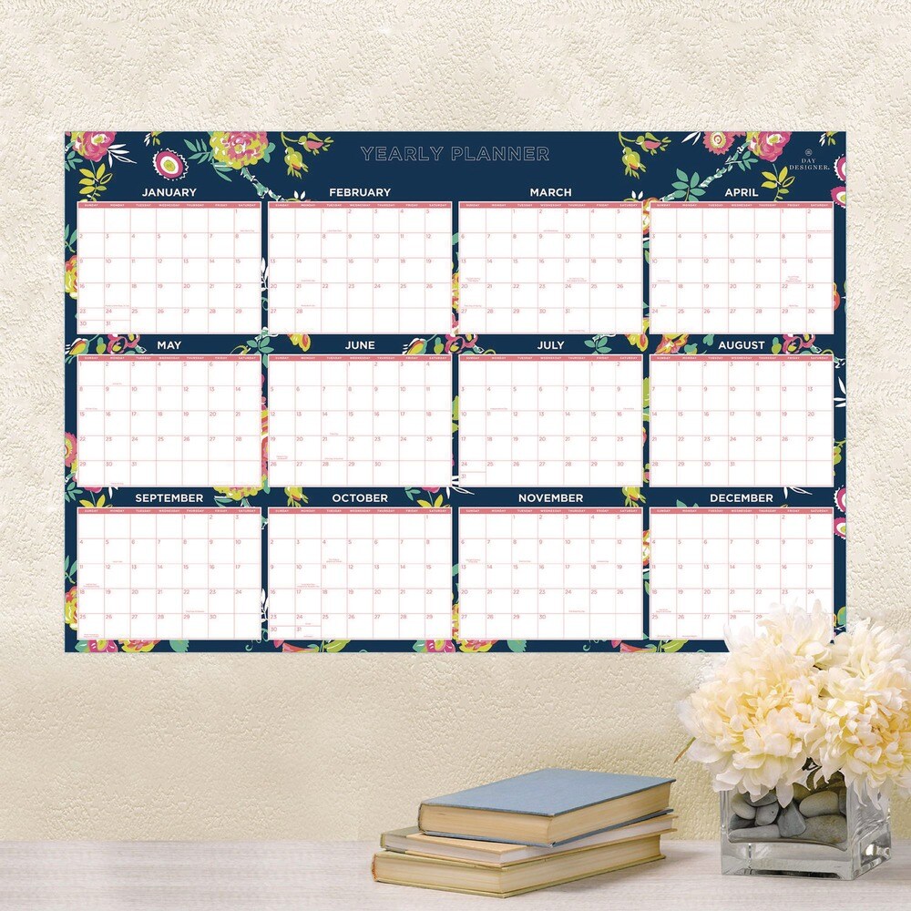 Blue Sky 36 in. x 24 in. 12-Month (Jan-Dec 2026) Day Designer Peyton Laminated Erasable Wall Calendar - White/Navy Sheets