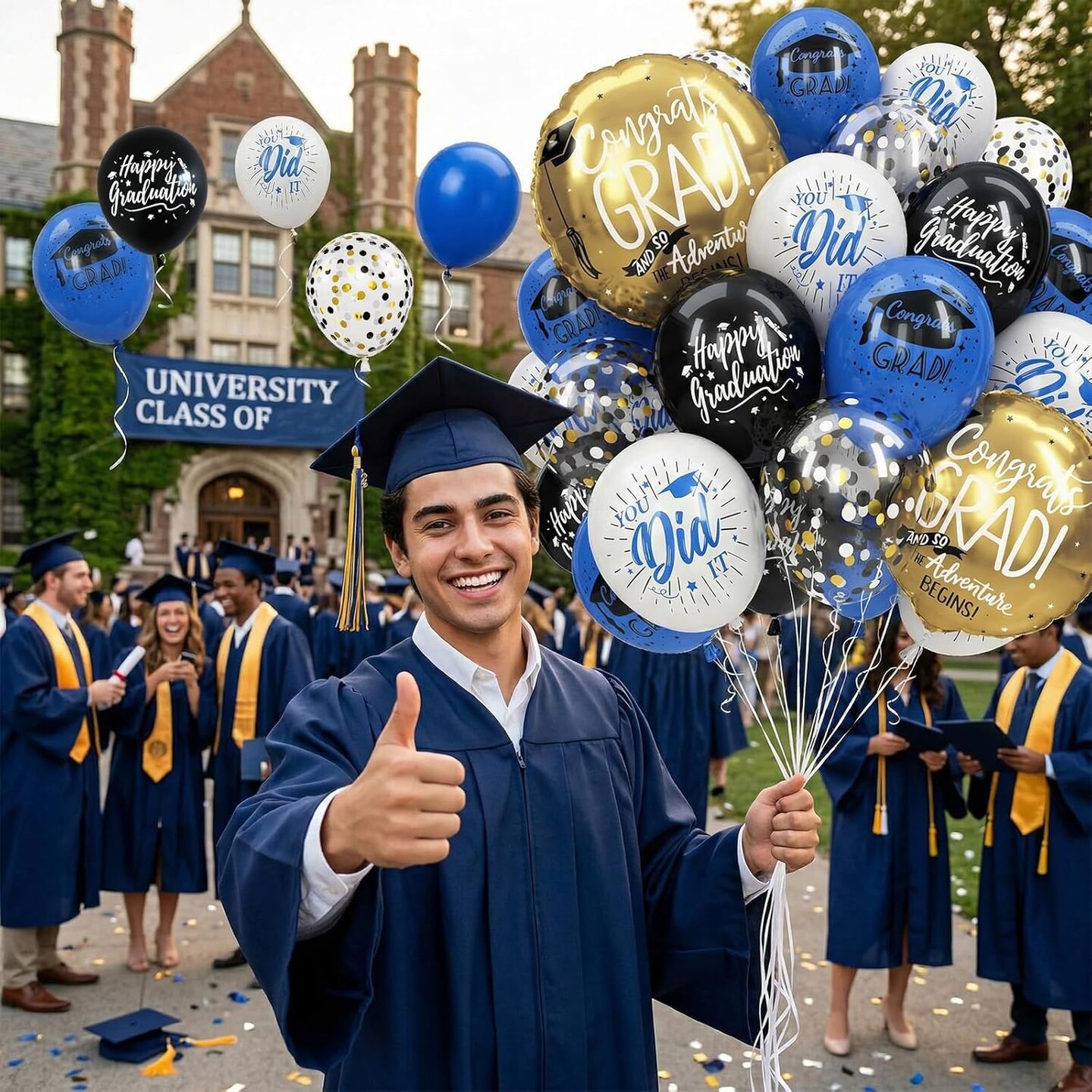32Pcs Blue and Black Graduation Balloons 2026 - Navy, Black & White Latex Set with Confetti and Mylar Balloons - Class of 2026 Congrats Grad Party Decorations for High School and College