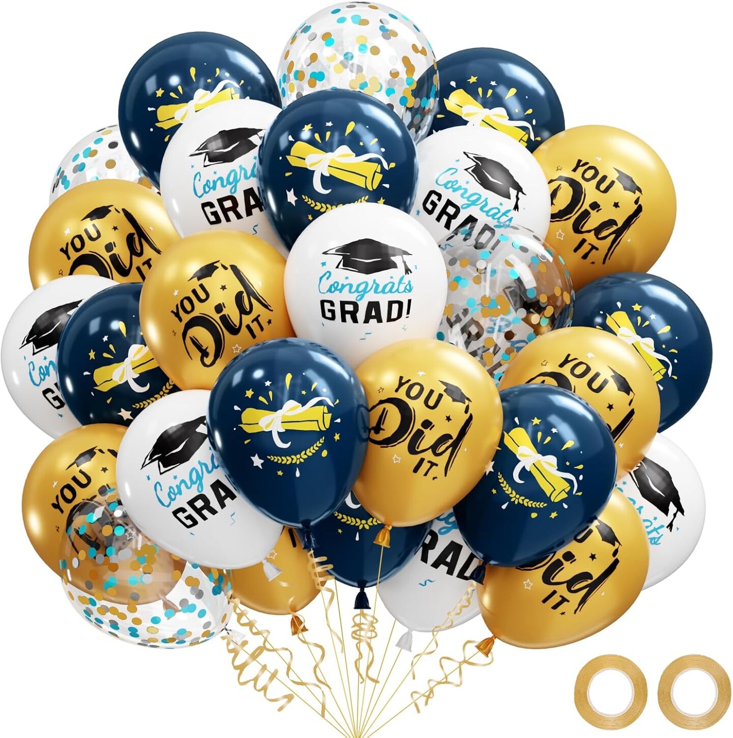 Graduation Decorations 2026 - Graduation Balloons 62pcs 12 Inch Navy Blue Gold White Grad Print Latex Confetti Balloon for College High School Class of 2026 Congrats Grad Party Decor Supplies (Ribbon)