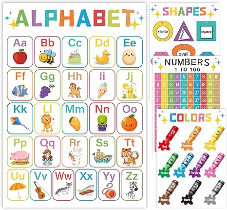 Laminated Educational Poster Set Alphabet Numbers 1-100 Shapes and