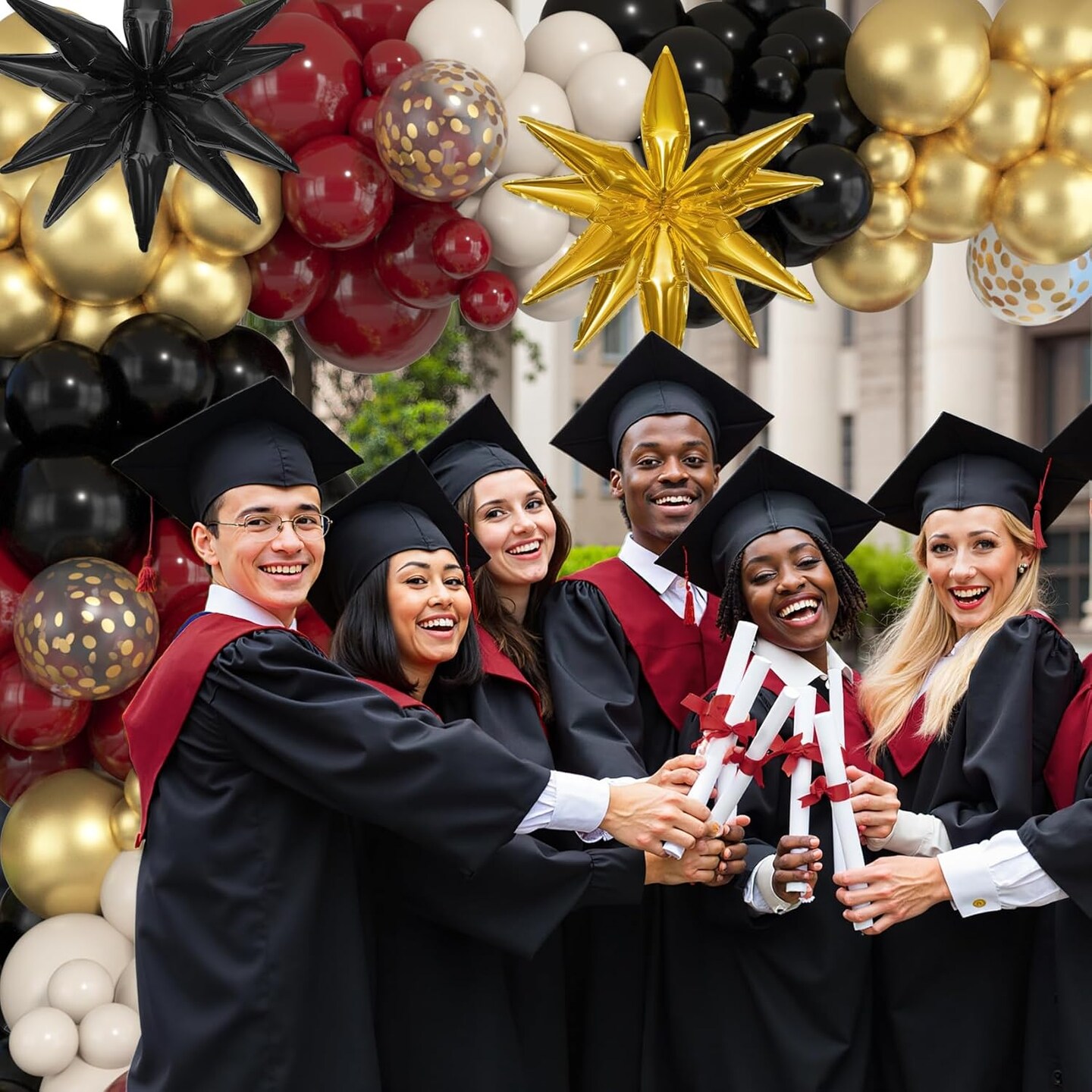 145Pcs Burgundy and Gold Graduation Balloon Arch Kit - Maroon Black and Gold Garland with Star Foils & Confetti Balloons - Class of 2026 Party Decorations for College and High School